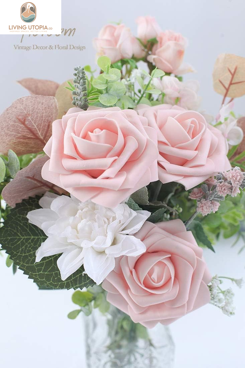 Artificial Flowers 25Pcs Real Looking Blush Foam Fake Roses with Stems for DIY Wedding Bouquets Bridal Shower Centerpieces Party Decorations