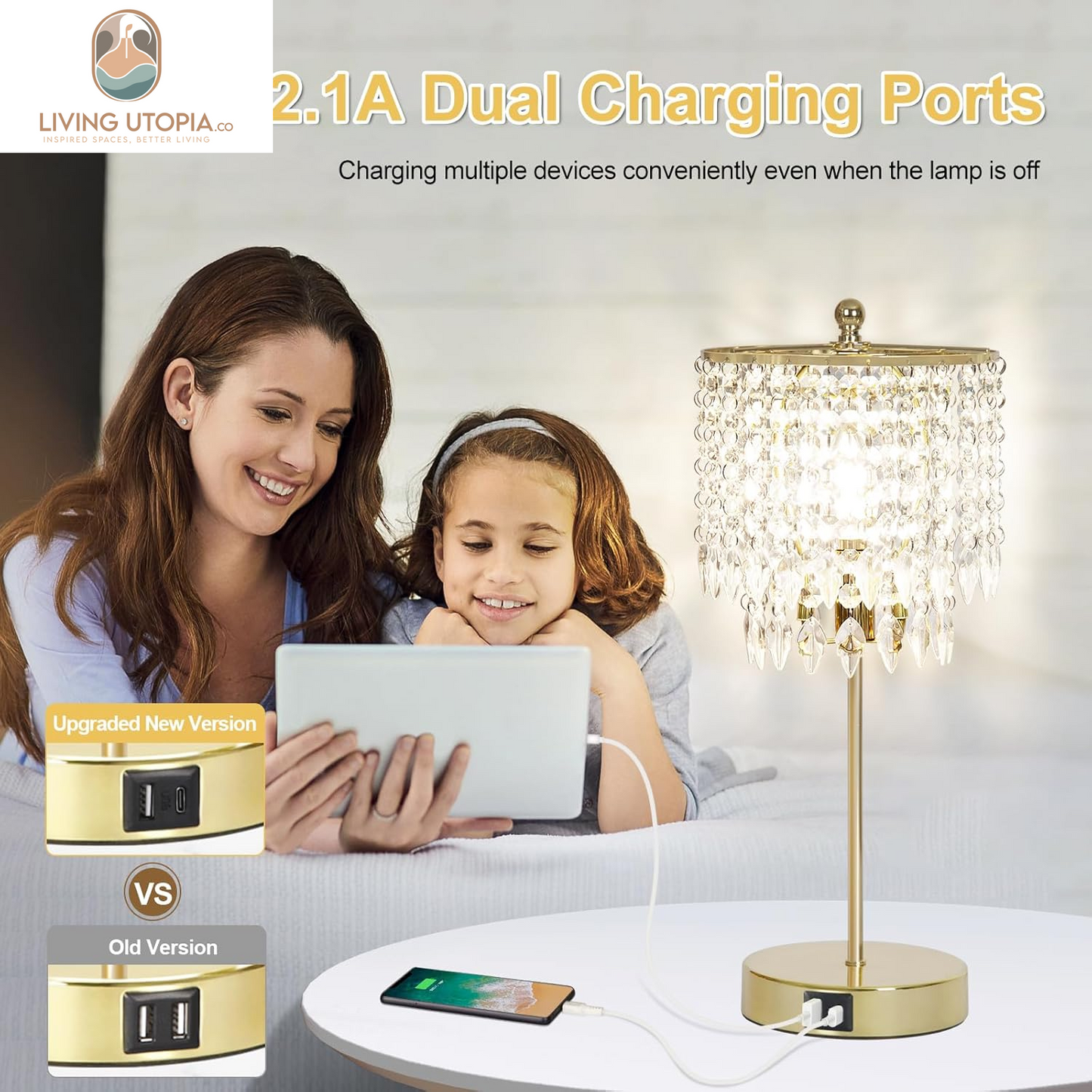Crystal Table Lamp Set of 2, 3-Way Dimmable Nightstand Lamp with 2 USB Charging Ports, Gold Bedside Lamp for Bedroom, Touch Lamp with Elegant Shade for Living Room, B11 LED Bulb Included