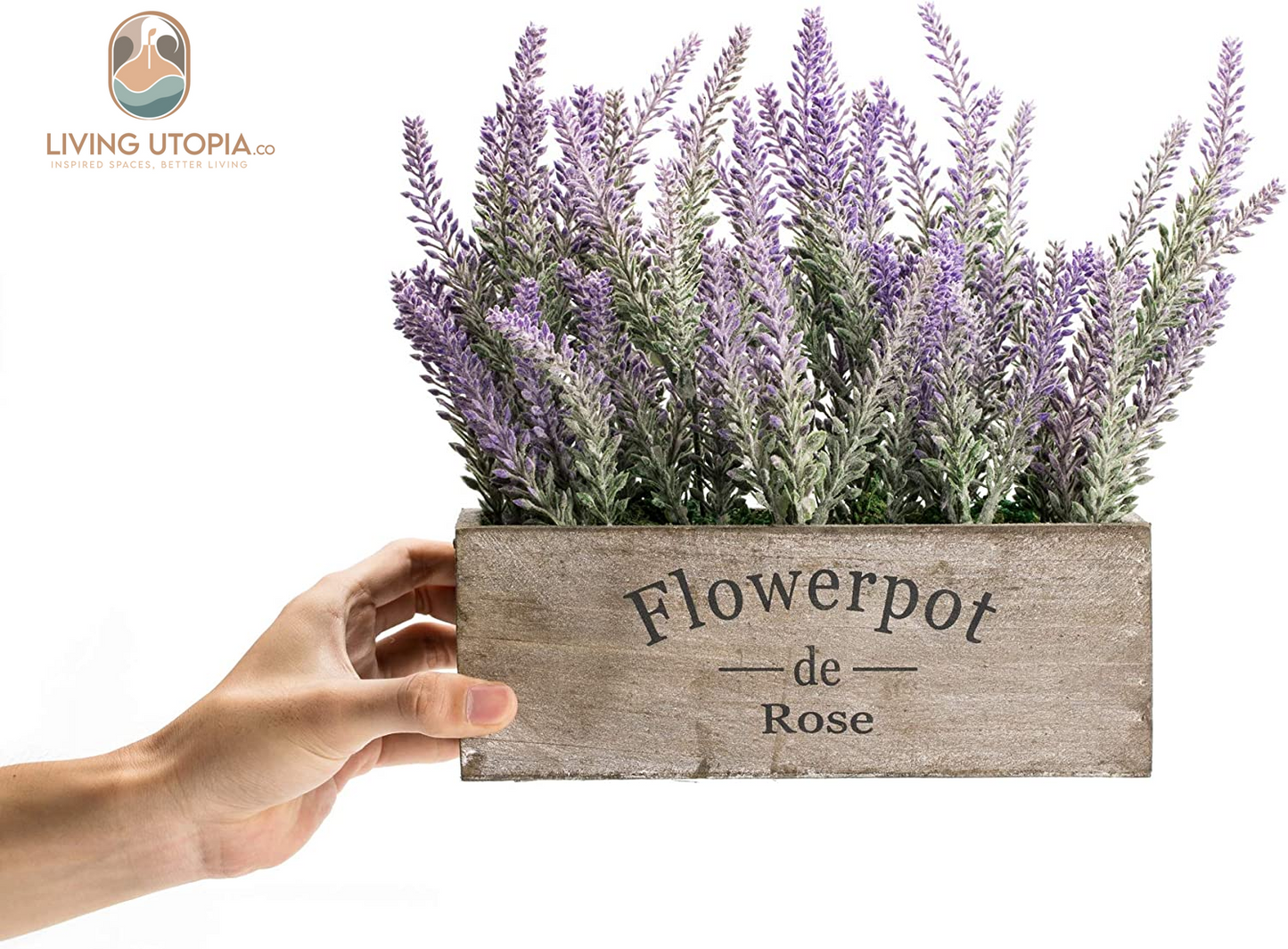 Purple Artificial Lavender Flowers with Decorative Tray Wooden Box 9 Inches - Lifelike Faux Lavender Plants for Home and Office Decor, Fake Lavender Rustic Farmhouse Style