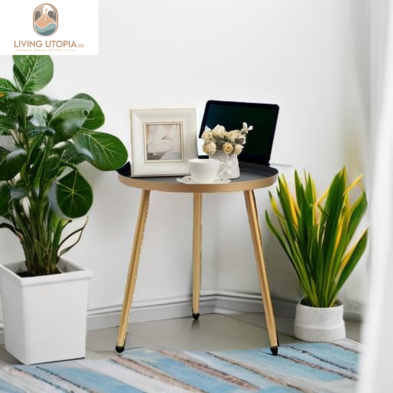 Round Black Side Table with Gold Legs