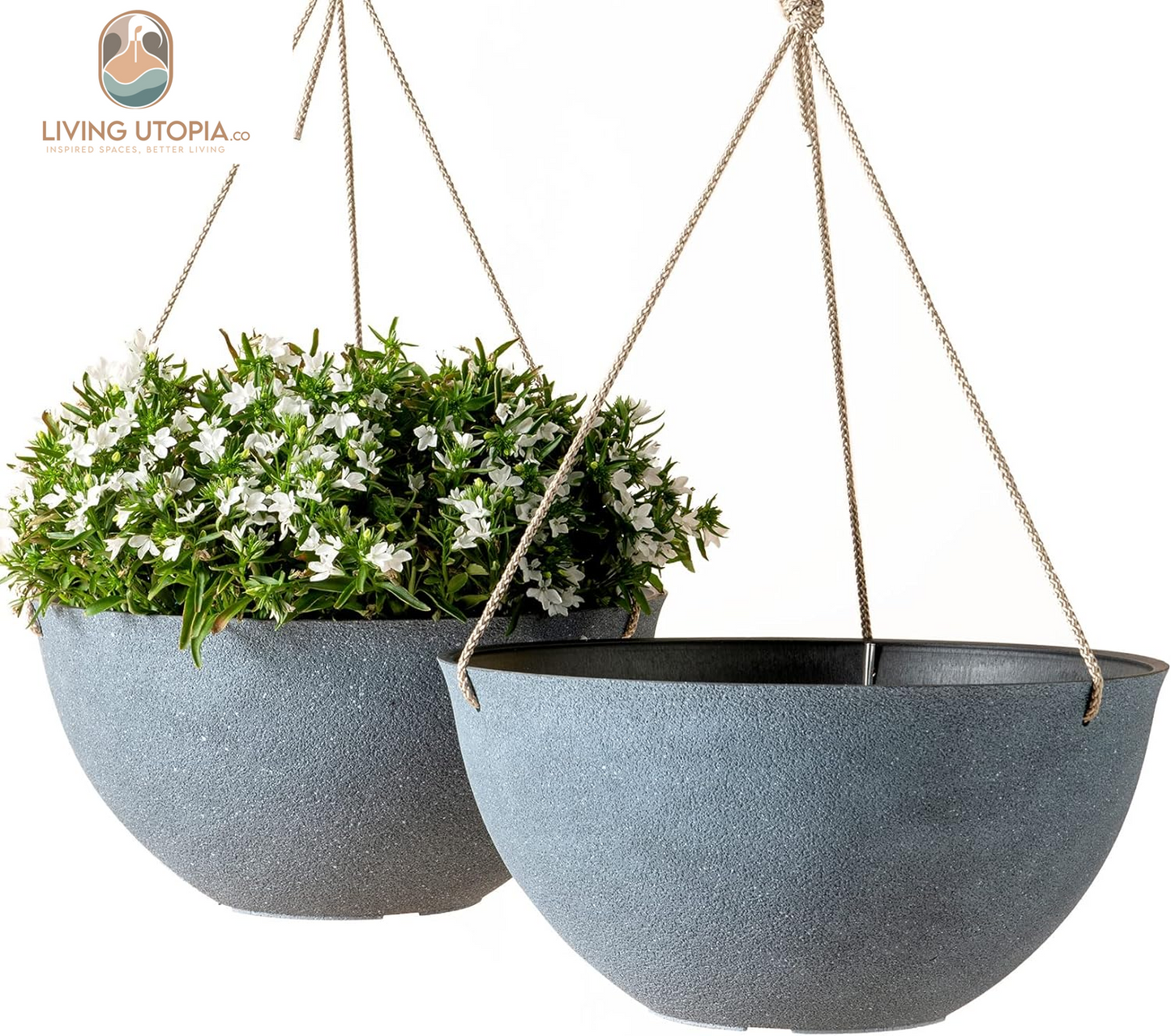 Large Hanging Planters for Outdoor Plants - Hanging Flower Pots Weathered Gray (13.2 Inch, Set of 2)