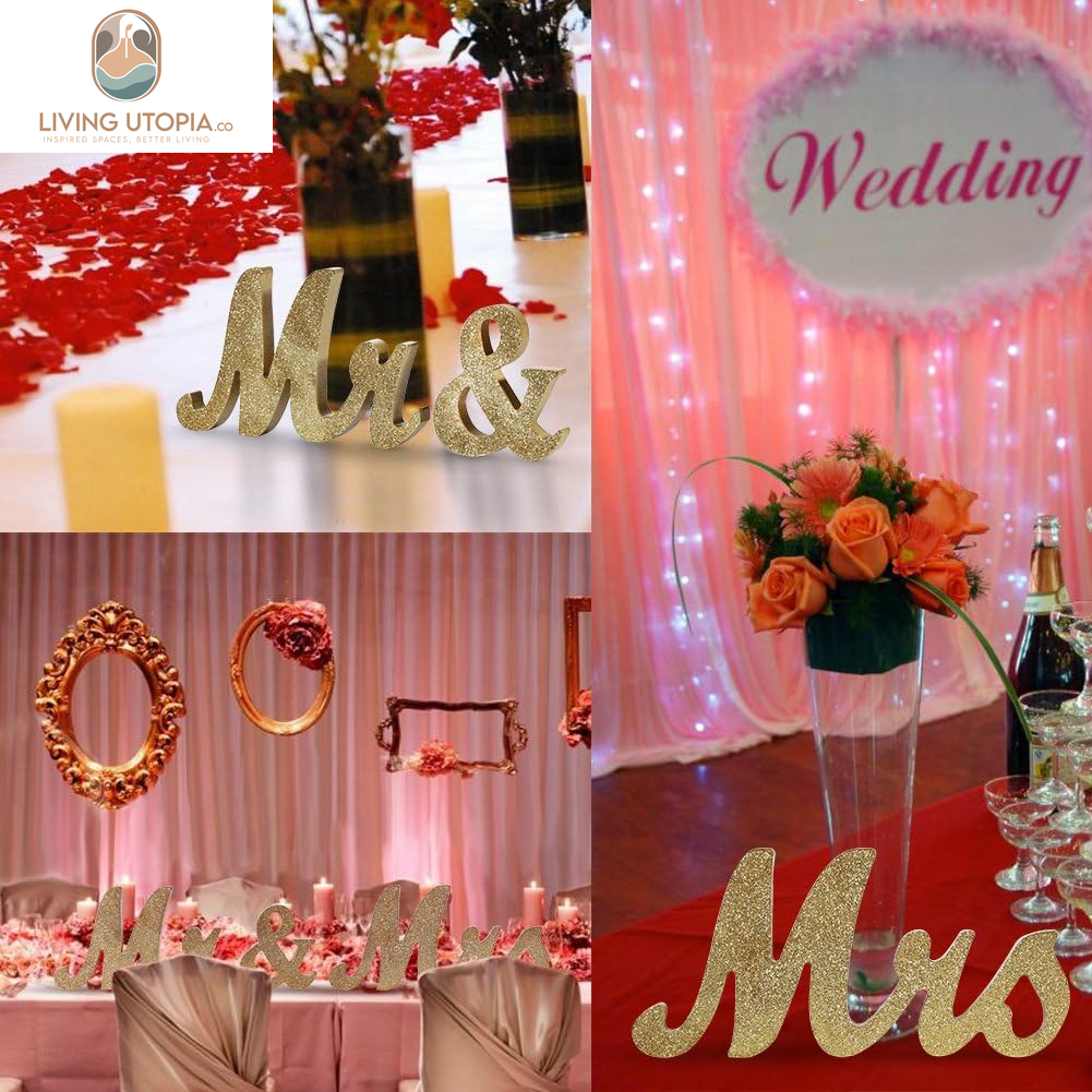 Mr and Mrs Signs Wedding Sweetheart Table Decorations Glitter Wooden Freestanding Letters for Photo Props, Rustic Wedding Decoration, Anniversary Wedding Shower Gift (Golden)