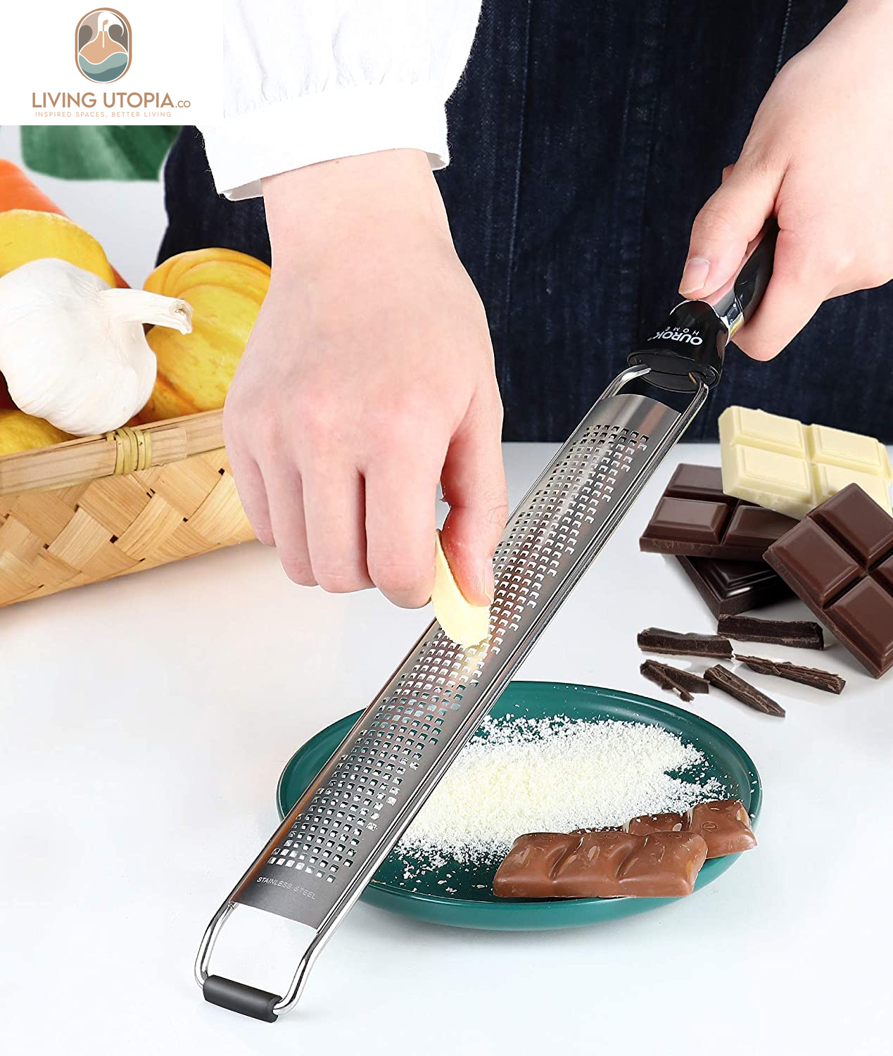 Kitchen Lemon Zester, Stainless Steel Hand Held Parmesan Cheese Grater for Ginger, Chocolate, Coconut, Lime, Nutmeg, Citrus, Fruit, Vegetable with Cleaning Brush, Dishwasher Safe, Black
