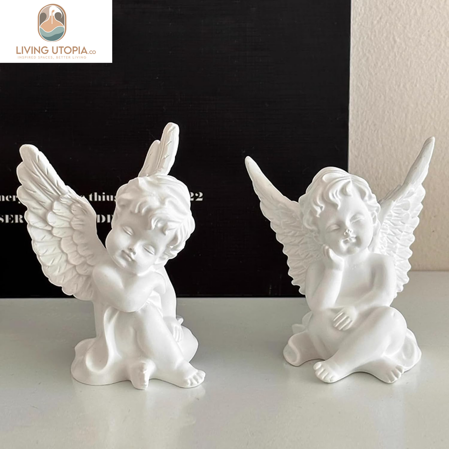 Set of 2 Cherubs Angels Resin Statue Figurine, Indoor Home Decoration, Adorable Angel Sculpture Memorial Statue 4" - White