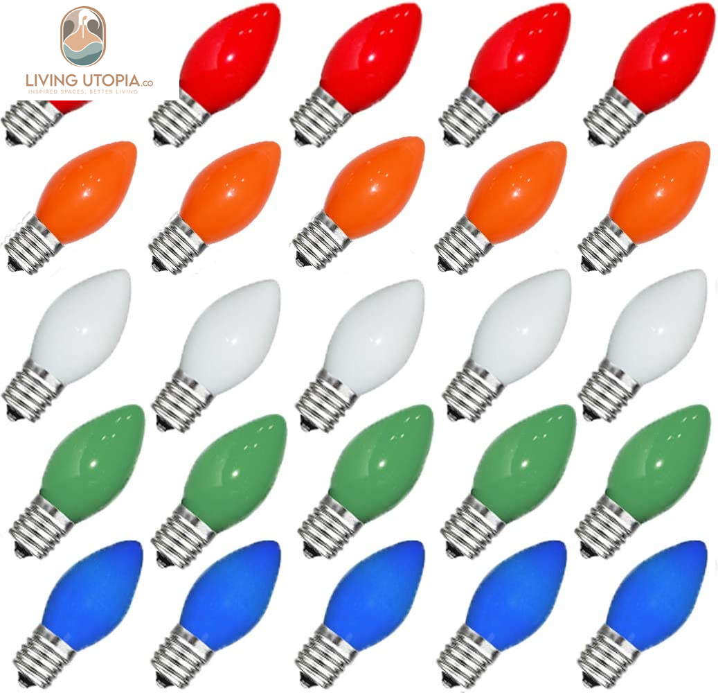 25 Pack C7 Multicolor Christmas Replacement Bulbs, Multicolor Ceramic Light Bulbs for Christmas Outdoor Patio Indoor String Lights, C7/E12 Candelabra Base, 5 Watt- Multicolor