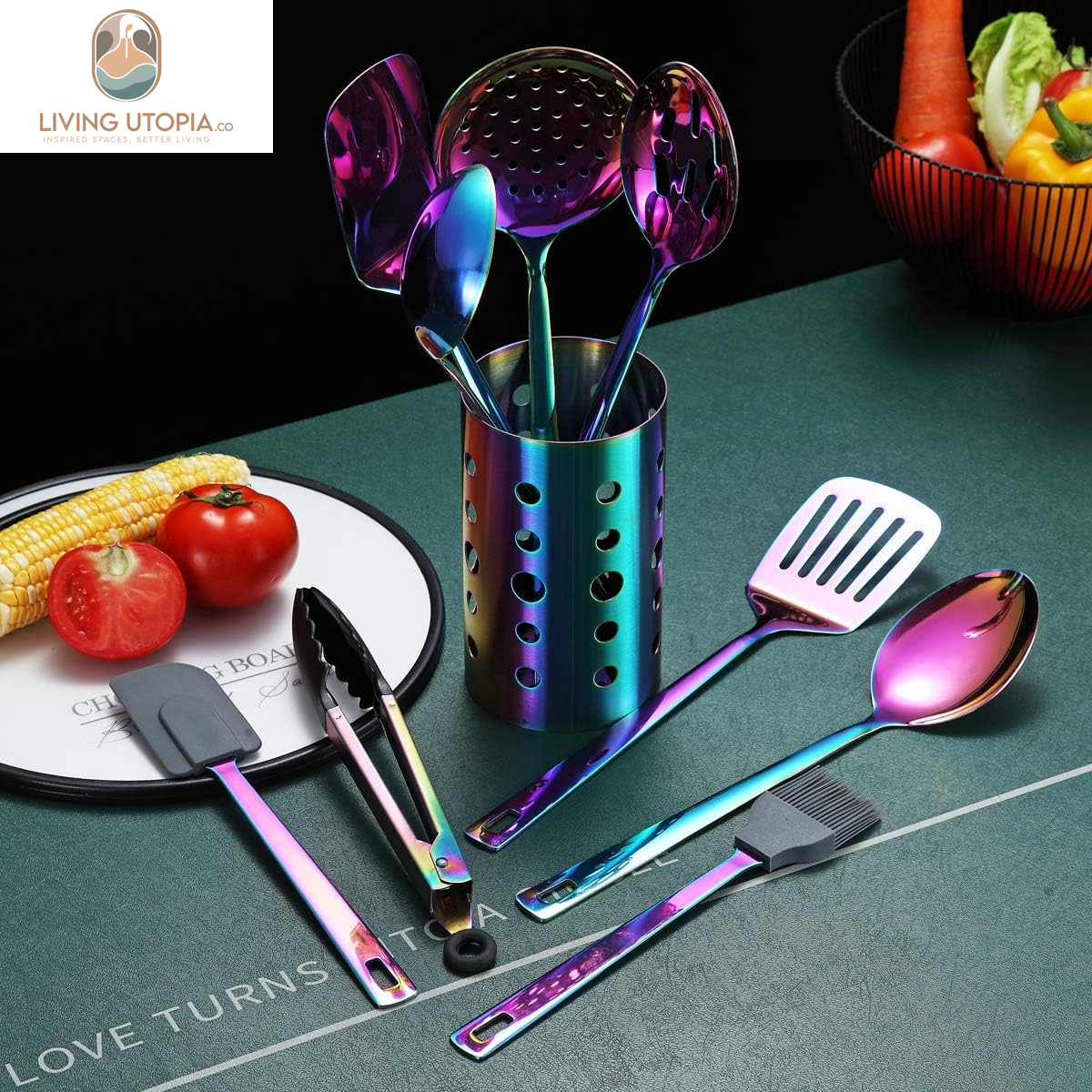 Rainbow Kitchen Utensils Set,13 Pieces Stainless Steel Cooking Utensils Set with Titanium Rainbow Plating,Kitchen Tools Set with Utensil Holder for Non-Stick Cookware Dishwasher Safe (13 Packs)