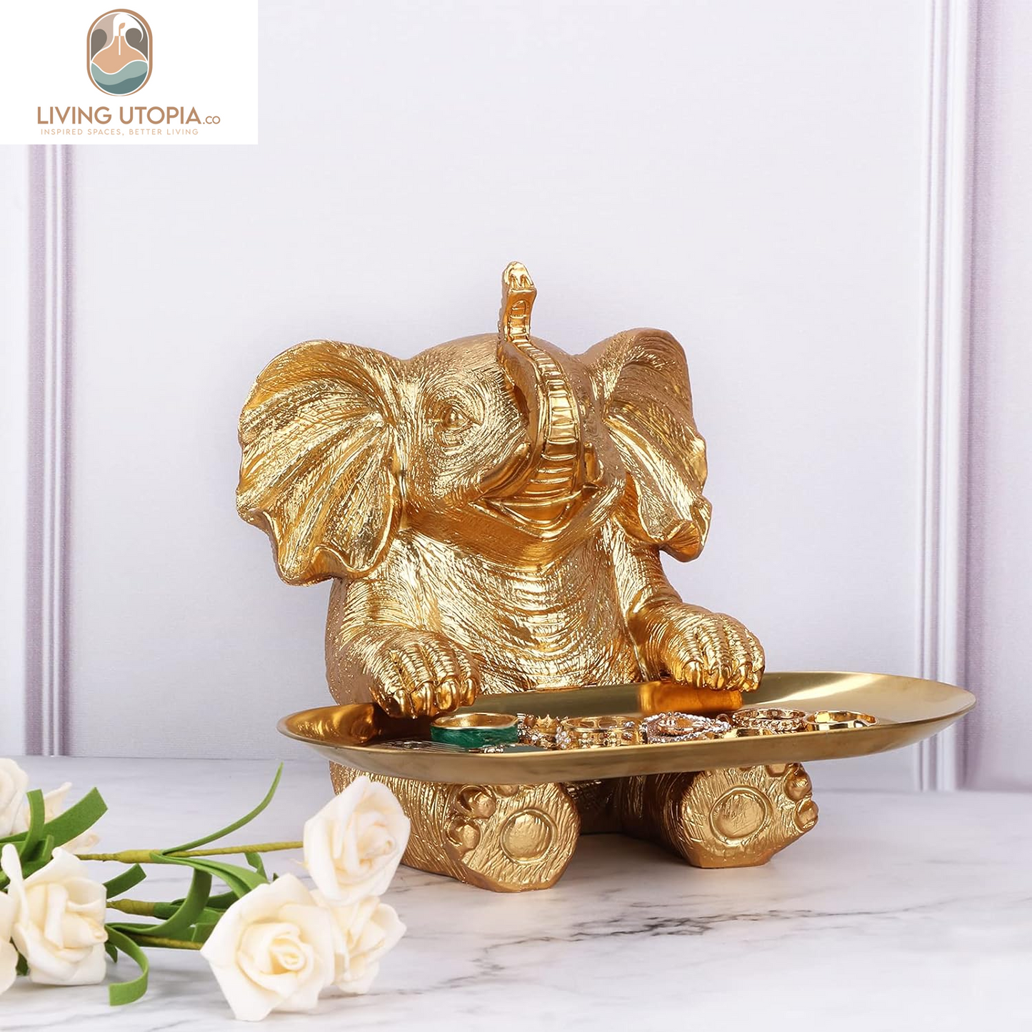 Gold Elephant Statue for Home Decor Accents Living Room Bookshelf TV Stand Office. Trinket Dish. Retirement Appreciation Gift -Gift for Mom Boss Co-Workers, Teachers, Nurse, Friends, Wife, Sister