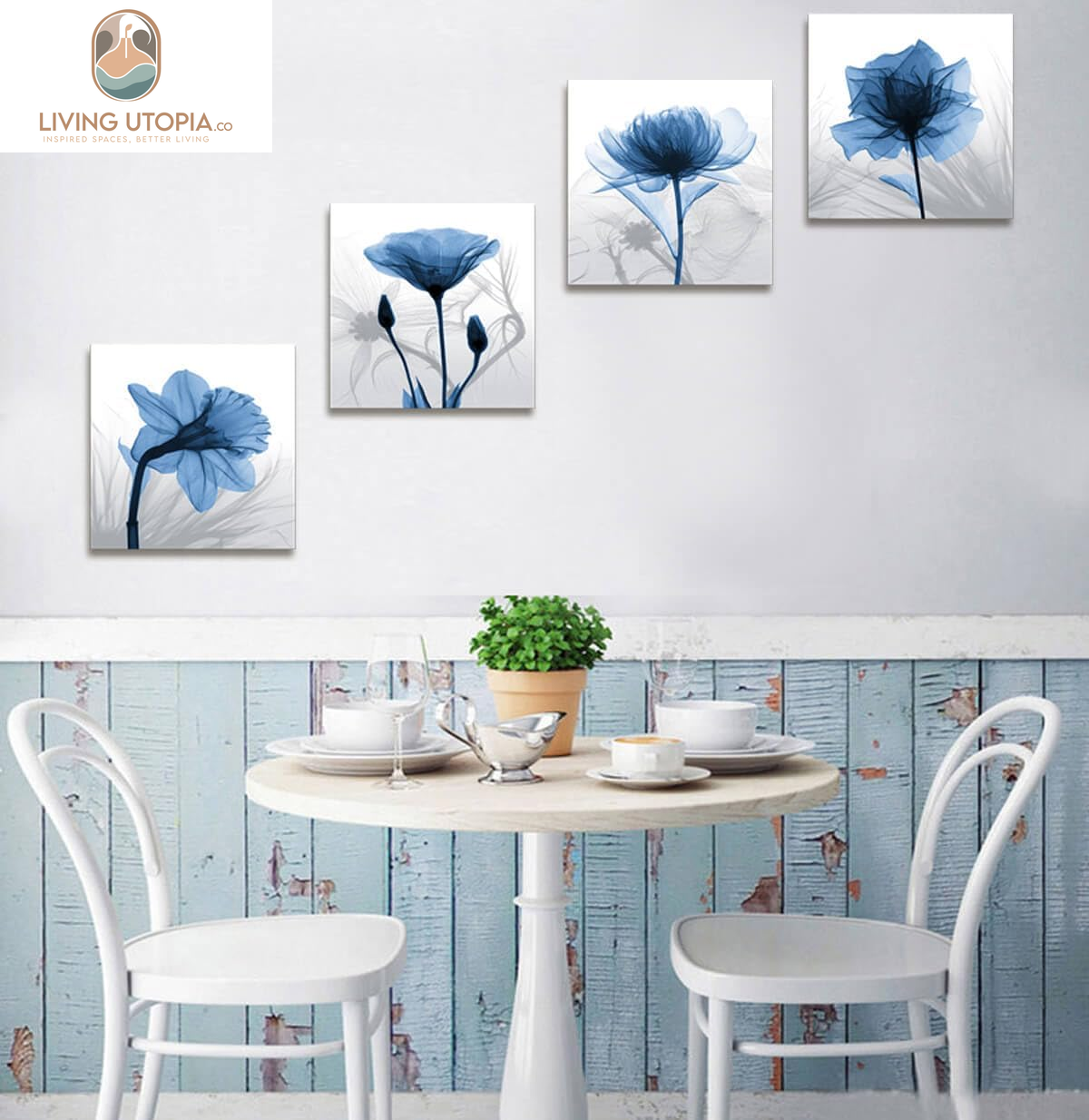 Wall Decorations for Living Room Decor - 4 Panel Elegant Tulip Flower Canvas Print Wall Art Paintings for Dining Room Wall Decor and Modern Framed Art Home Decor Size: 12X12Inchx4Pcs Blue Flower Print
