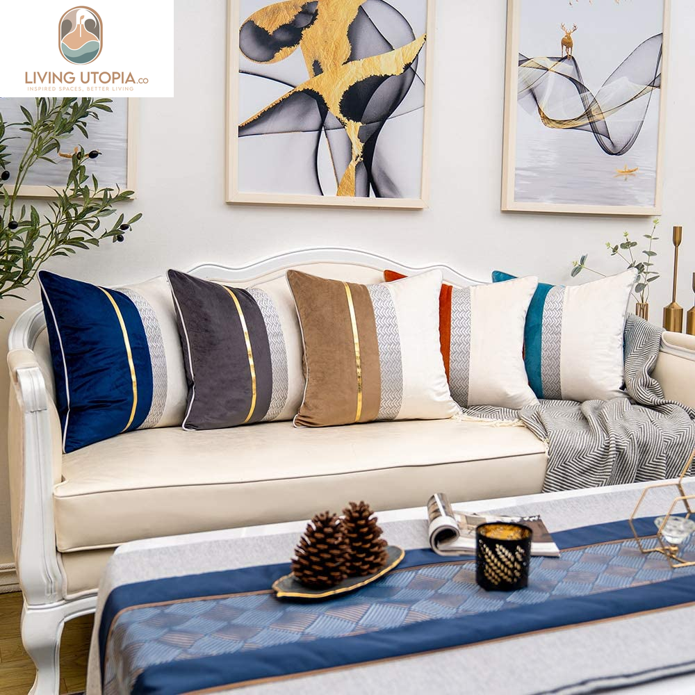 Burnt Orange Patchwork Velvet Throw Pillow Cover with Gold Striped Leather Cushion Case Modern Luxury Pillowcase for Sofa Couch Bedroom Living Room Home Decor,18"X18"