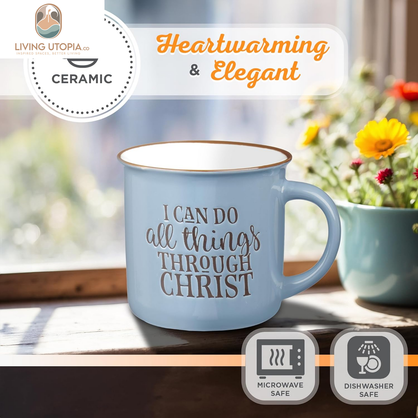 Blue Camp Style Ceramic Coffee Mug – 13 Oz. Microwave and Dishwasher Safe Inspirational Scripture Coffee & Tea Mug with Bible Verse: I Can Do All Things through Christ – Phil. 4:13