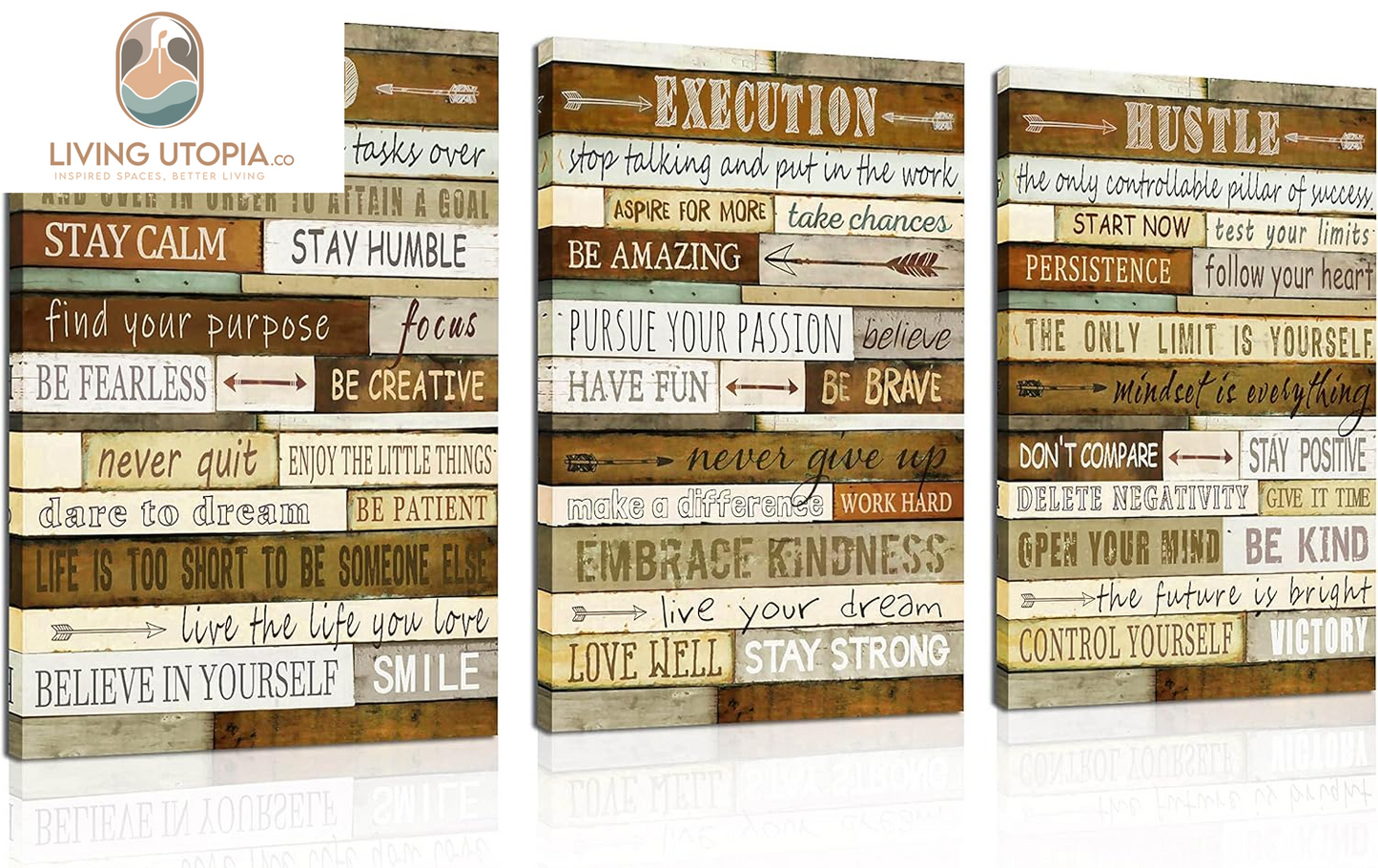 Inspirational Posters for Classrooms - Brown Positive Quotes Wall-Art for Living Room - Motivational Posters for Office - 3 Piece Canvas Wall Art Ready to Hang Size 16" X 24"