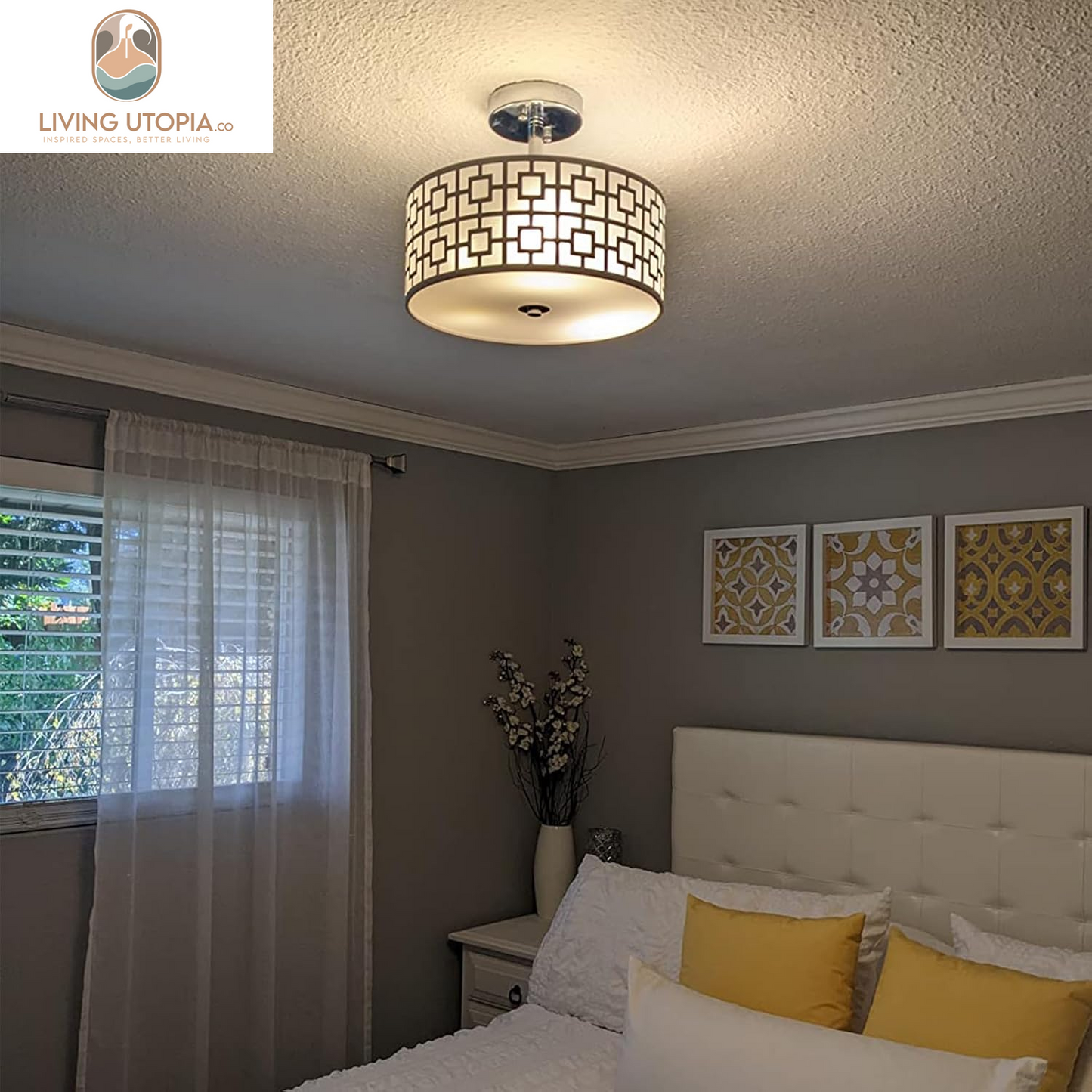 DLLT Flush Mount Ceiling Light: Modern 3-Light Brushed Nickel Kitchen Light Fixture - Drum Lighting Fixture for Dining Room - Silver Bedroom Ceiling Lamp with Double Shade