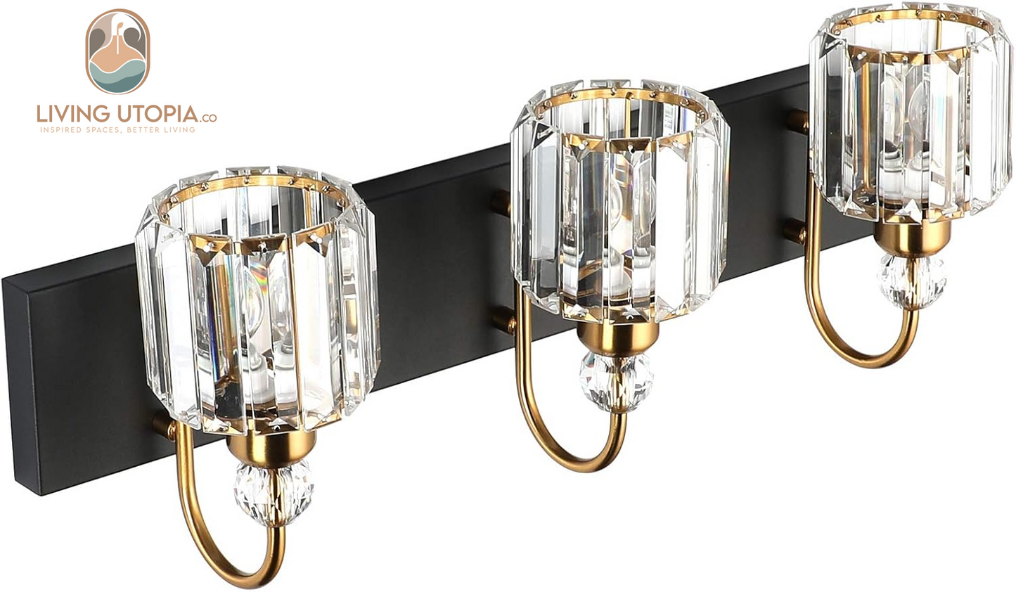 Modern Bathroom Vanity Light Fixture, 3-Lights, Black Metal & Crystal, HJ-8600-3T