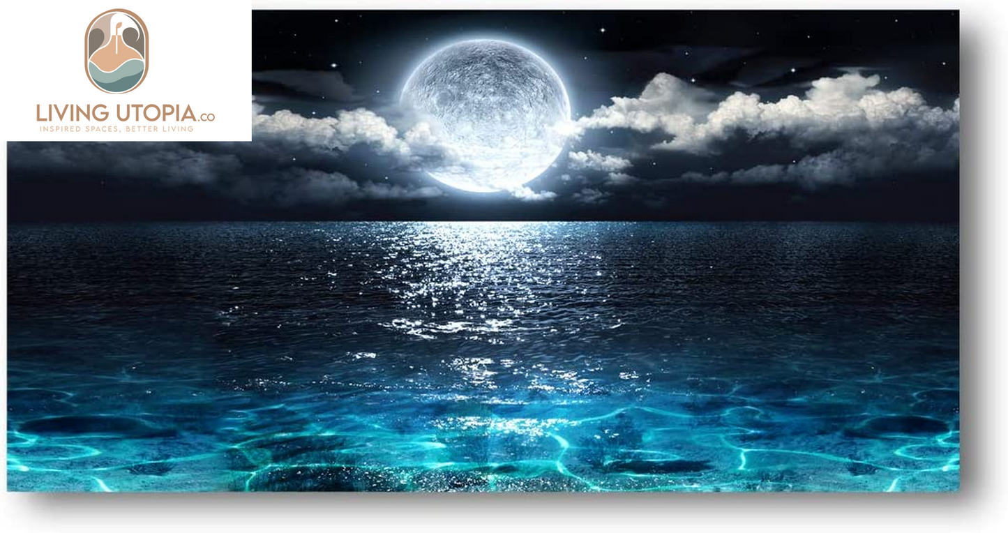 Wall Art Moon Sea Ocean Landscape Picture Canvas Wall Art Print Paintings Modern Artwork for Living Room Wall Decor and Home Décor Framed Ready to Hang,24X48Inches,1Inch Thick Frame,Waterproof Artwork