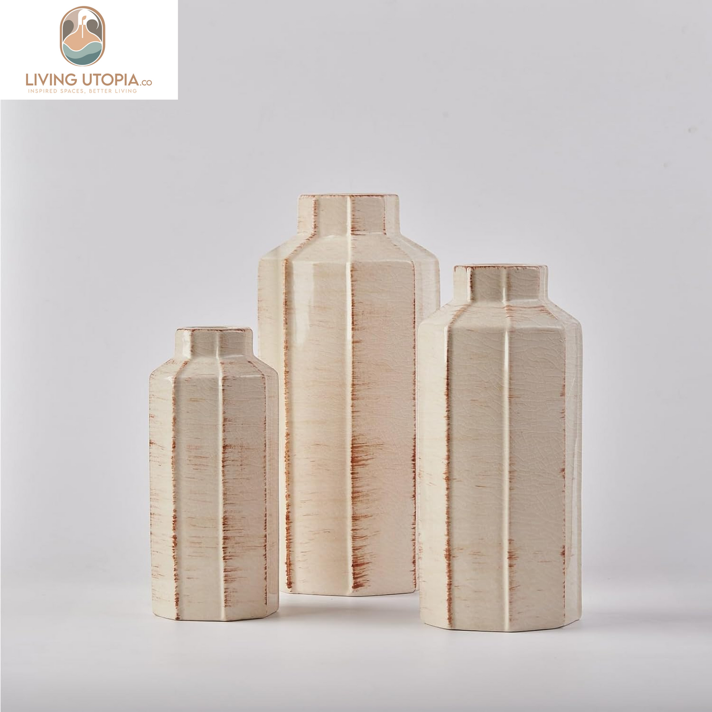 Ceramic Rustic Farmhouse Vase Set of 3,Ice Cracked Glazed Terracotta Vase,Large Vase for Decor,Fall Decoratiion Vases for Home, Table, Living Room, Shelf