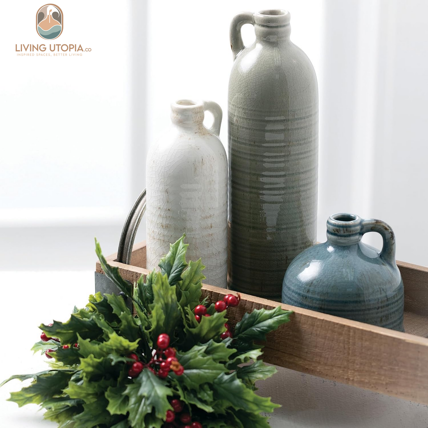 Ceramic Jug Vase Set, Farmhouse Decor, Kitchen, Bedroom, Office, Living Room, Bathroom, & Coffee Table Centerpiece Decorations, Vases for Decor, Mantle & Shelf (CM2431)