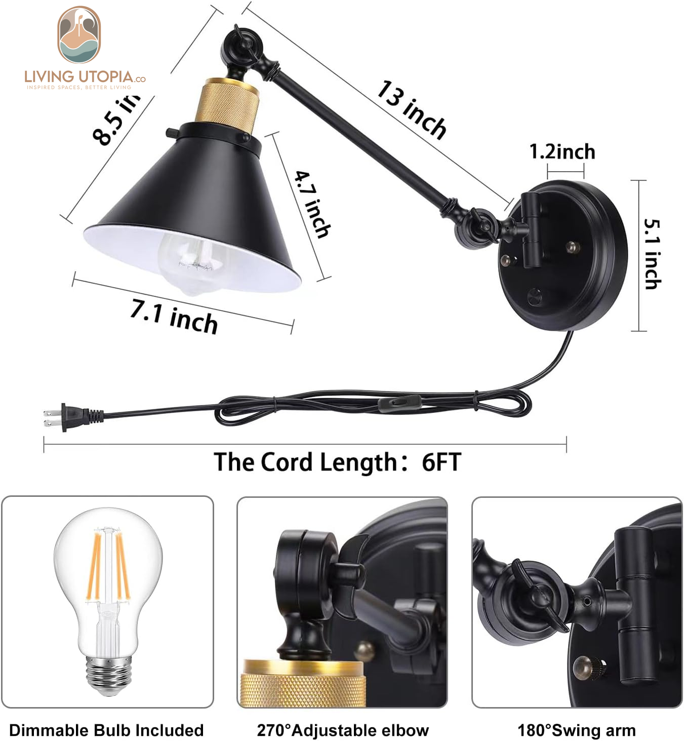 Wall Sconce Plug In, Dimmable Wall Sconce Wall Lights with Plug in Cord and Dimmer On/Off Knob Switch, Swing Arm Wall Light for Bedside Bedroom Stairway Living Room(1 Pack, 1 Bulb Included)