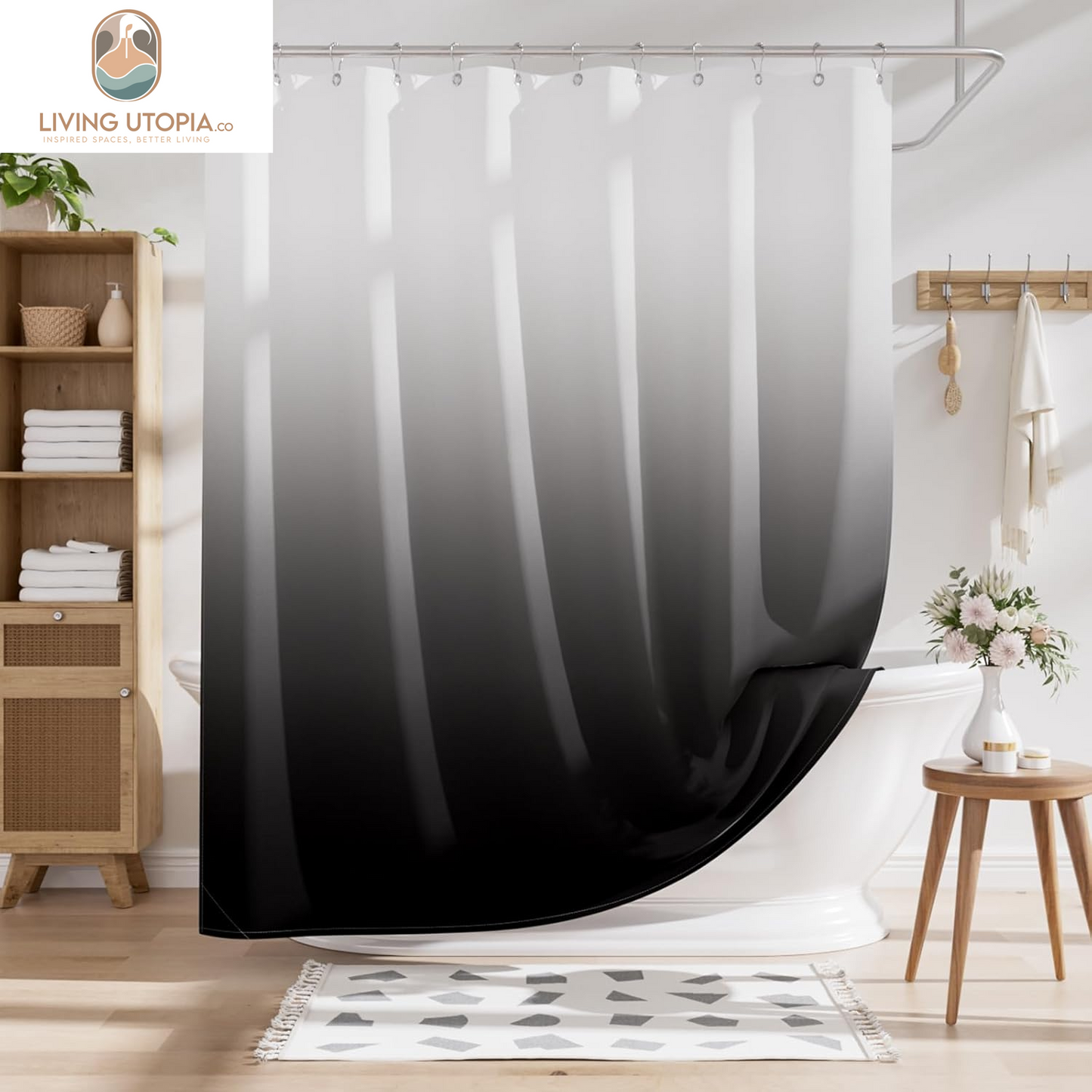 Shower Curtain, Cloth Ombre Black Shower Curtain Set with 12 Shower Curtain Hooks, Washable Fabric Black and White Shower Curtain, Rustic Farmhouse Bathroom Shower Curtain, 72X72 Inches