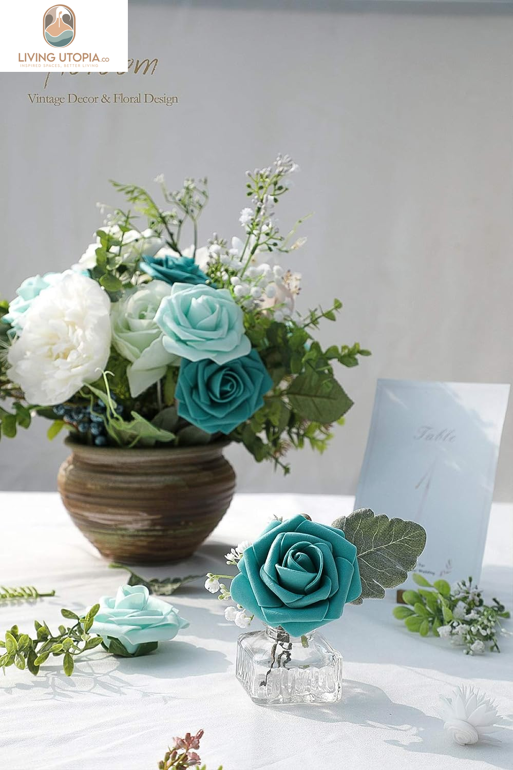 Artificial Flowers 50Pcs Real Looking Teal Green Foam Fake Roses with Stems for DIY Wedding Bouquets Bridal Shower Centerpieces Floral Arrangements Party Tables Home Decorations