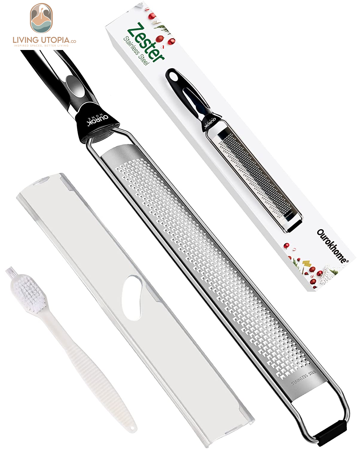 Kitchen Lemon Zester, Stainless Steel Hand Held Parmesan Cheese Grater for Ginger, Chocolate, Coconut, Lime, Nutmeg, Citrus, Fruit, Vegetable with Cleaning Brush, Dishwasher Safe, Black