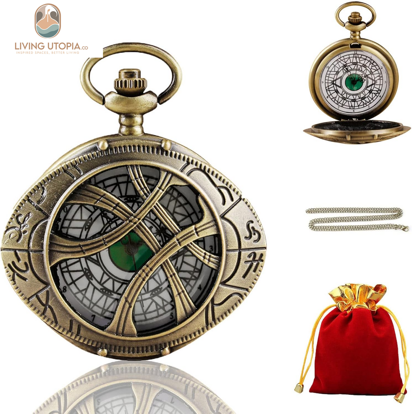 Mens Quartz Pocket Watch Green Eyes round Case Shape Pendant Necklace Pocket Watch