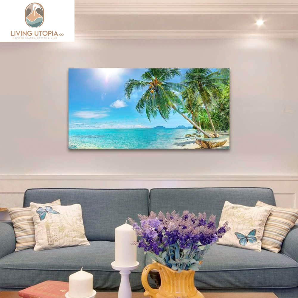 Canvas Wall Art for Living Room Tropical Palm Tree Summer Artwork Blue Sky Ocean Themed Coconut Trees Seascape Painting Nature Scenery Picture for Bedroom Bathroom Home Office Decor 40L X 20W
