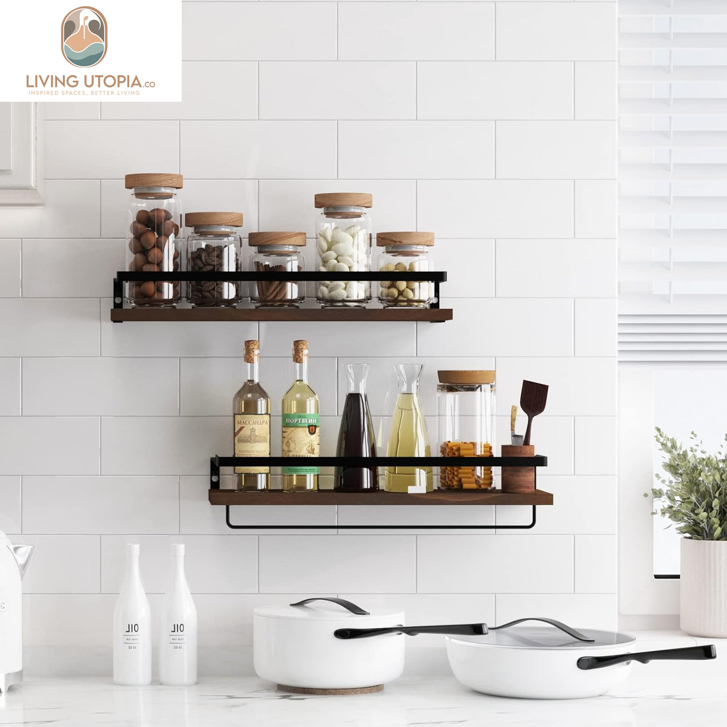Floating Shelves for Wall, Bathroom Shelves with Towel Bar, Wall Mounted Storage Shelves for Kitchen, Bathroom, Set of 2 Brown