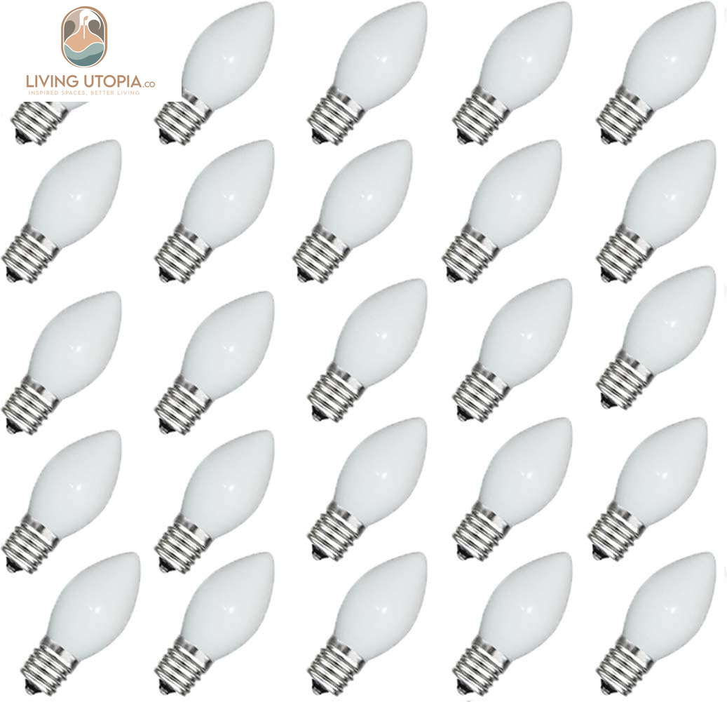 25 Pack C7 White Replacement Bulbs, Ceramic C7 White Light Bulbs for Christmas Outdoor Patio Indoor String Lights, C7/E12 Candelabra Base, 5 Watt Night Light Bulbs- White
