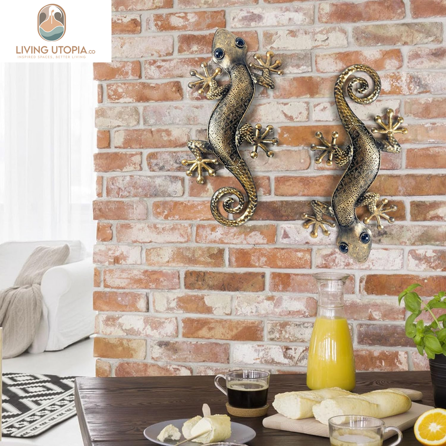 Gecko Metal Wall Art Decor 2 Pack 15 Inch - Indoor & Outdoor Lizard Wall Art Hanging Sculpture for Home and Garden