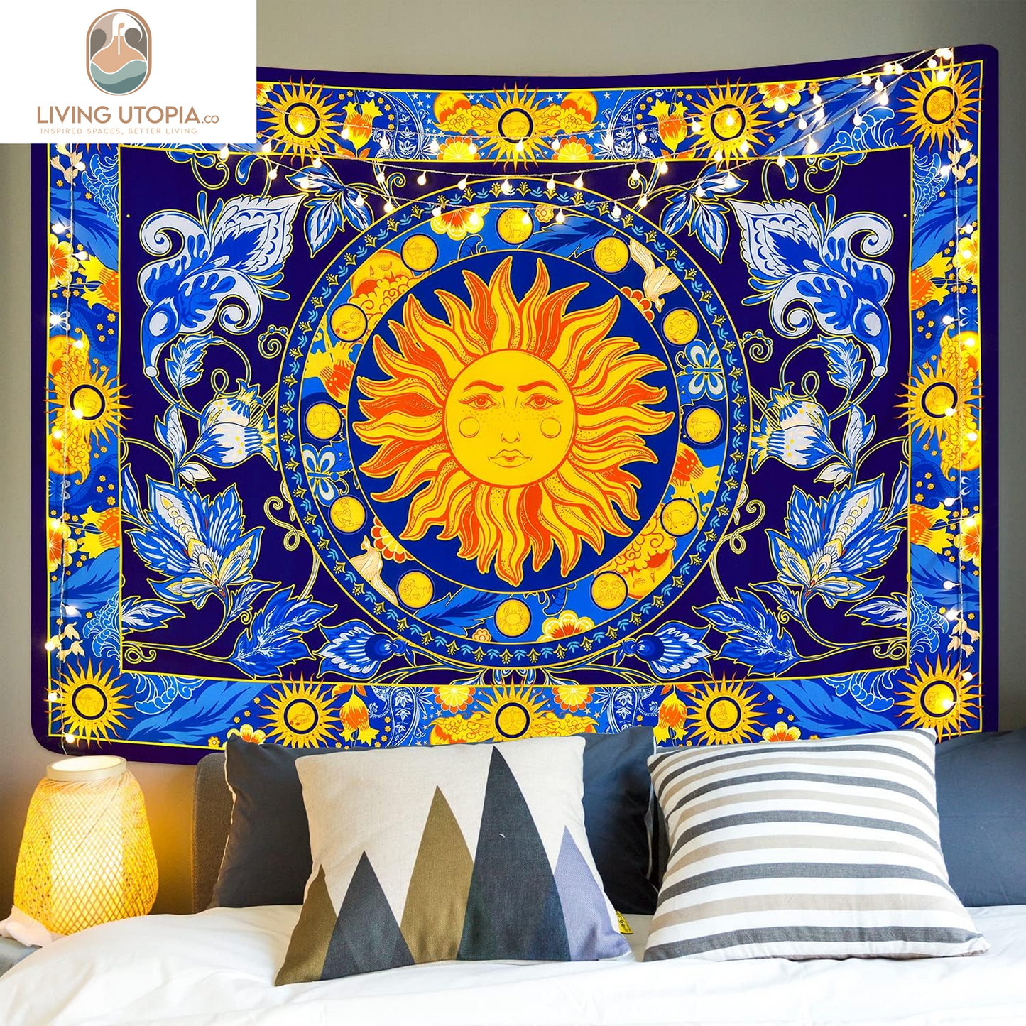 Burning Sun Tapestry Flower Vines Tapestries Vintage Floral Tapestry Mystic Tapestry Hippie Tapestry Wall Hanging for Room(Blue, 51.2 X 59.1 Inches)