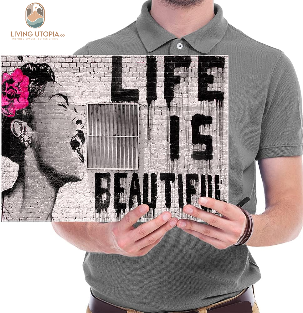 Banksy Life Is Beautiful Modern Gallery Wrapped Giclee Canvas Prints Artwork Grey Love Abstract Pictures Paintings on Canvas Wall Art Ready to Hang for Bedroom Home Office Decorations