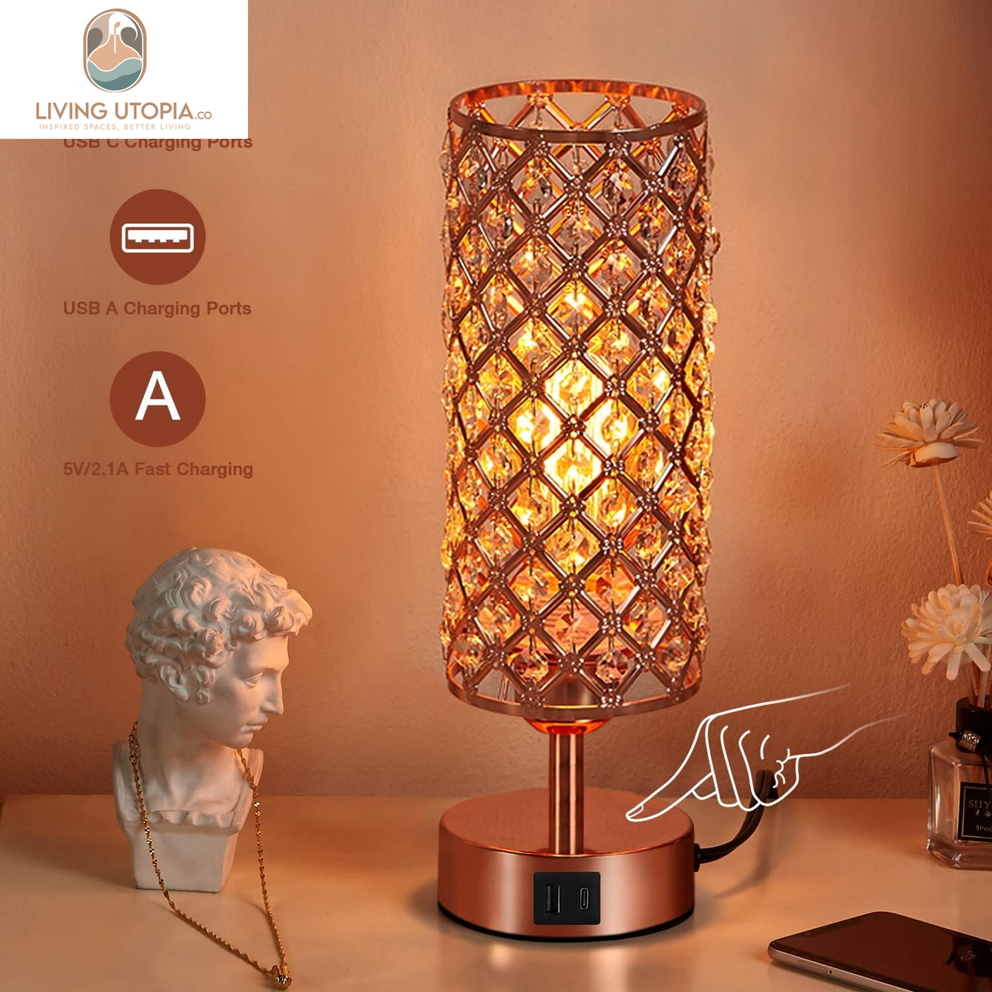Crystal Table Lamp - 3-Way Dimmable Touch Control, Rose Gold Bedside Lamp with USB C and a Ports, Nightstand Light for Living Room, Bedroom, Home Office (Bulb Included)