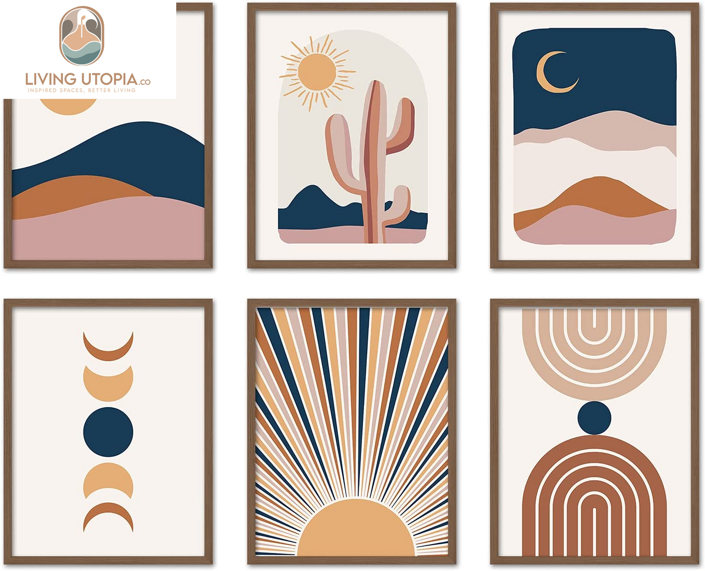 Boho Wall Art Prints Room Decor 8X10 Set of 6 Boho Posters, Mid Century Modern Prints for Wall Art, Sun Moon Desert Bedroom Decor