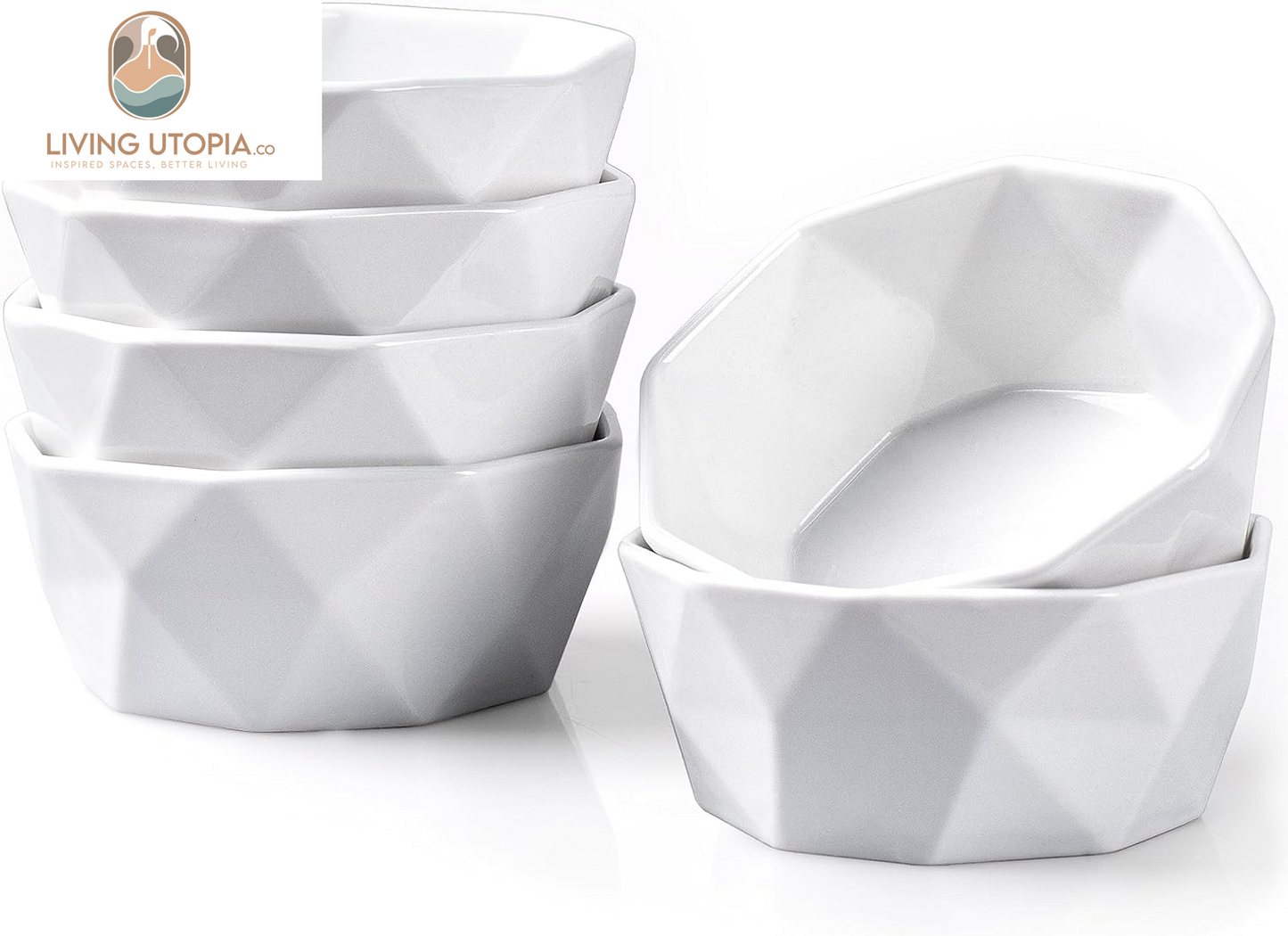 6 Oz Porcelain Ramekins/Dessert Bowls - Geometric Ramekins Souffle Dishes - White Snack/Ramekins/Creme Brulee Dish Set for Baking, Dessert, Ice Cream - Ramekins Oven Safe Set of 6