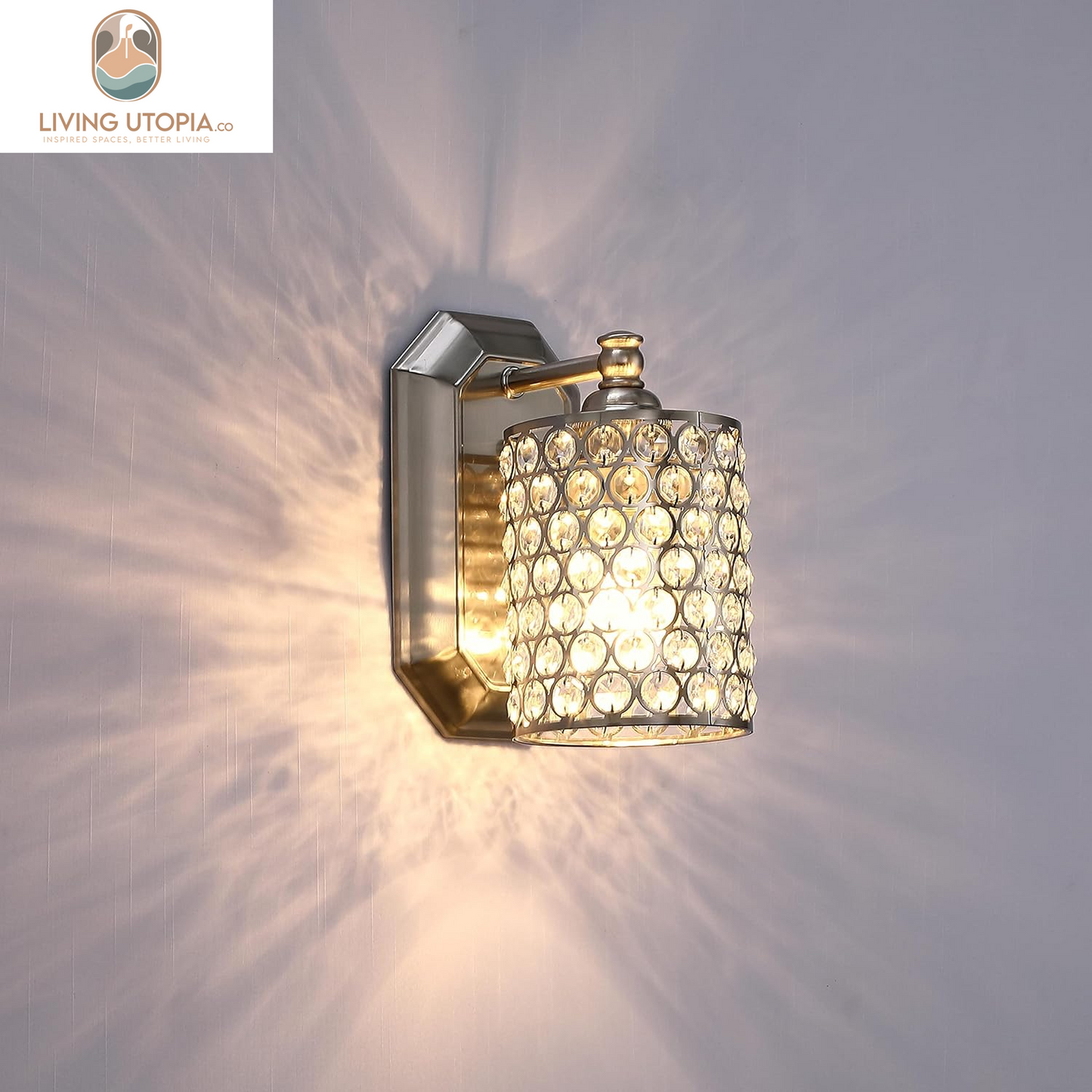2 Pack 1 Light Crystal Wall Sconce Lighting with Brushed Nickel Finish,Modern Concise Style Wall Light Fixture Polyhedral Crystal Shade for Bathroom, Bedroom Living Room Bedside