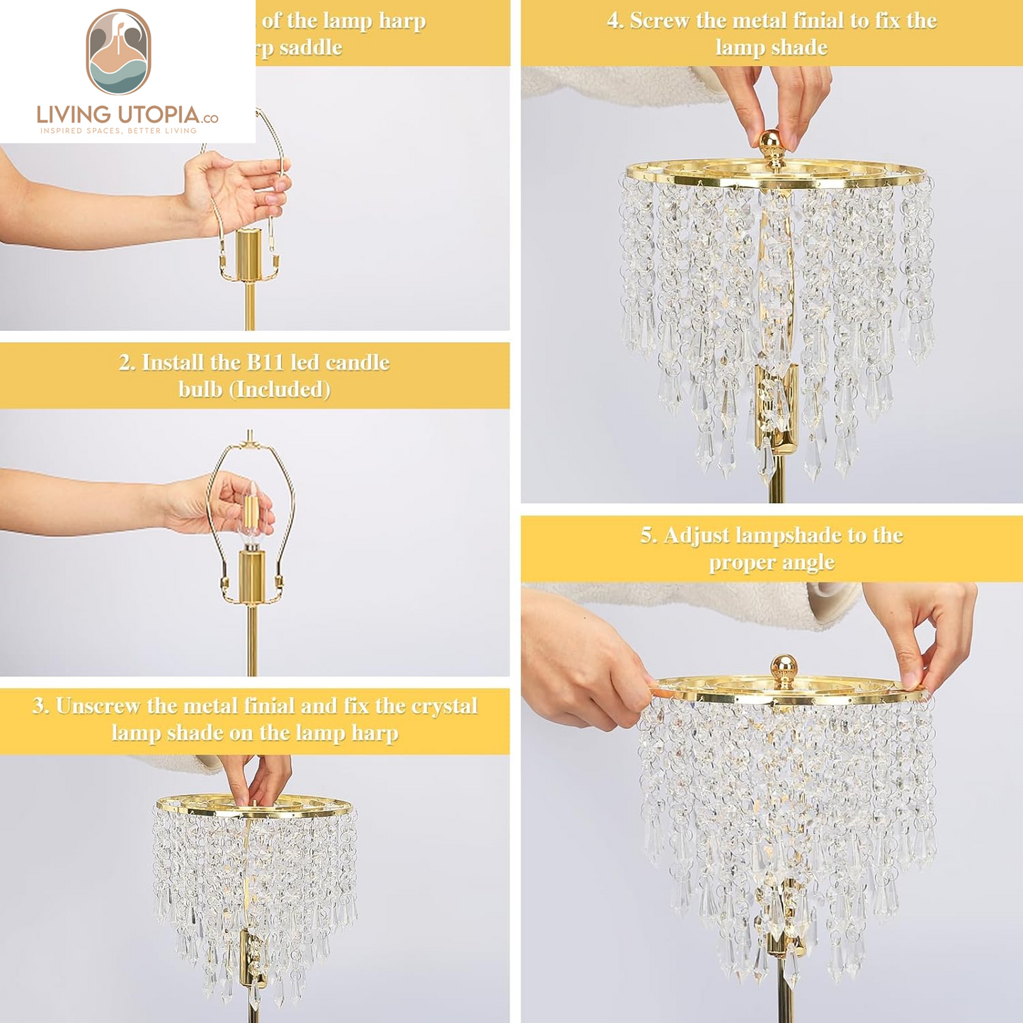Touch Control Crystal Table Lamp with USB C+A Ports, 3-Way Dimmable Gold Lamp, Bedside Light with Crystal Shade, Girls Lamp for Bedroom, Living Room, Teens Room, Dresser, 6W LED Bulb Included