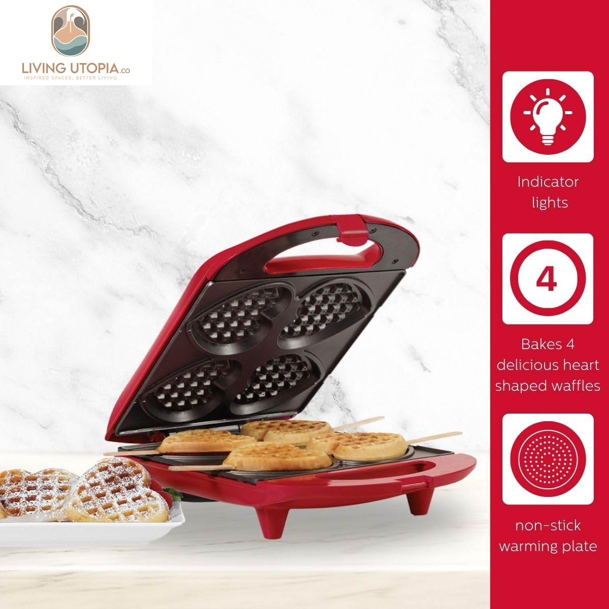 - Non-Stick Heart Waffle Maker, Red - Makes 4 Heart-Shaped Waffles in Minutes