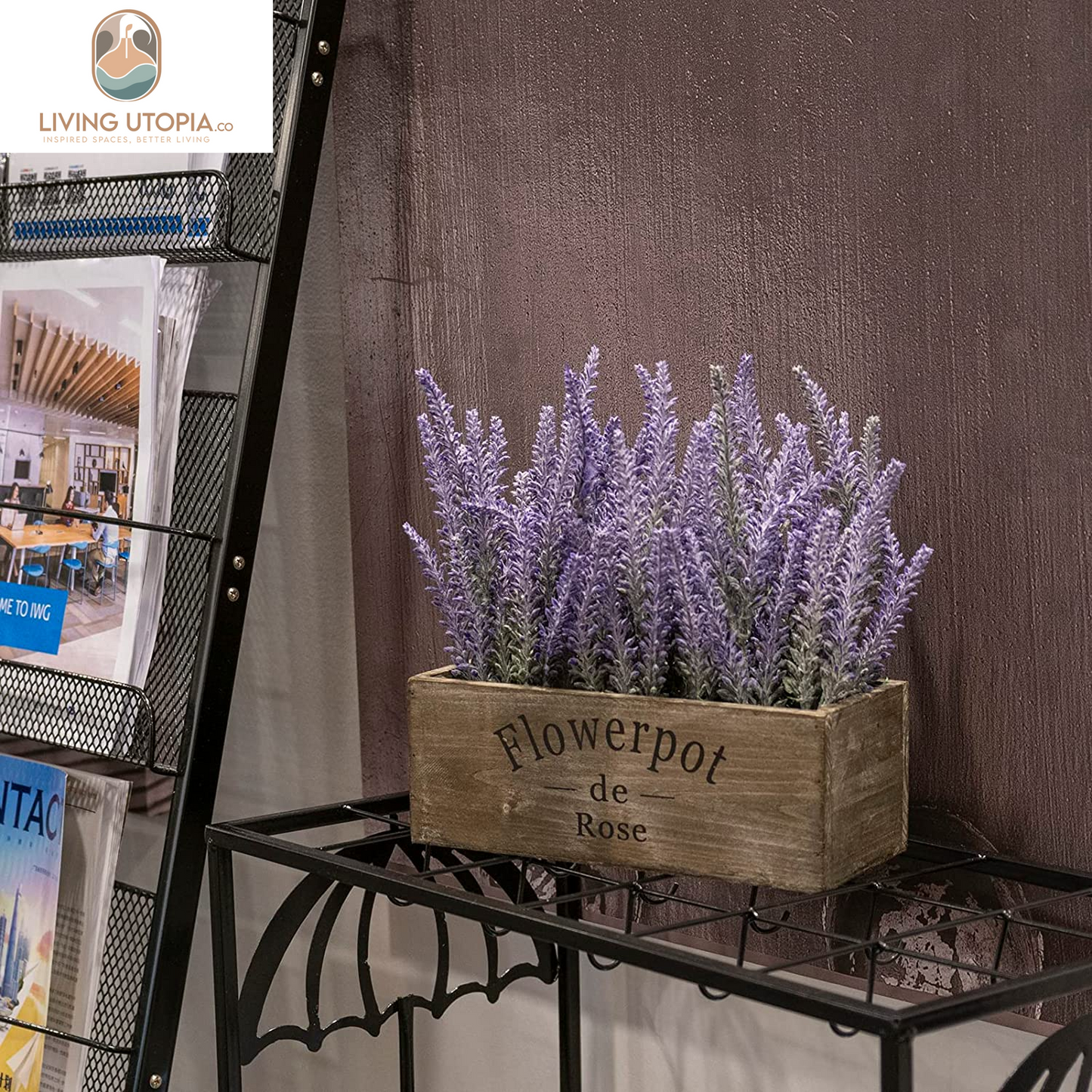 Purple Artificial Lavender Flowers with Decorative Tray Wooden Box 9 Inches - Lifelike Faux Lavender Plants for Home and Office Decor, Fake Lavender Rustic Farmhouse Style