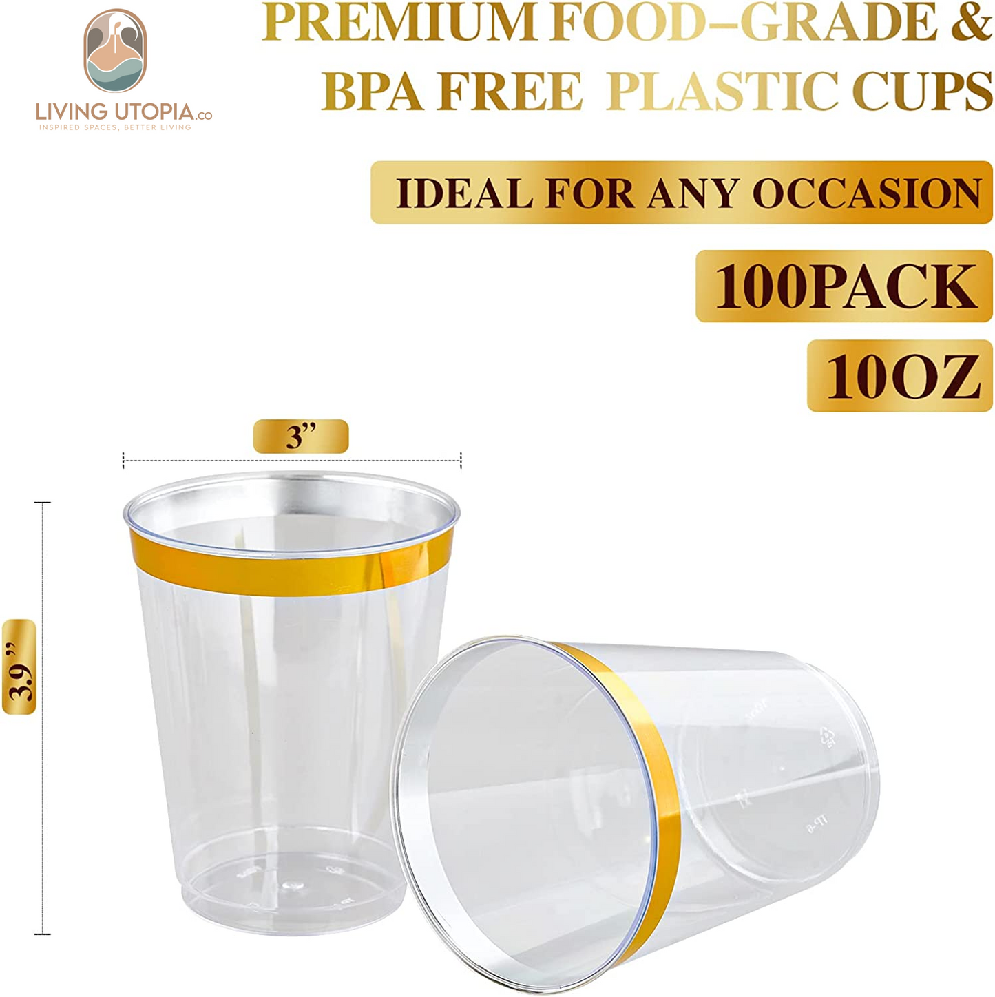 10 Oz Gold Plastic Cups, Disposable Clear Fancy Hard Plastic Cups, Gold Rimmed, Heavy Duty, Reusable,100 Count