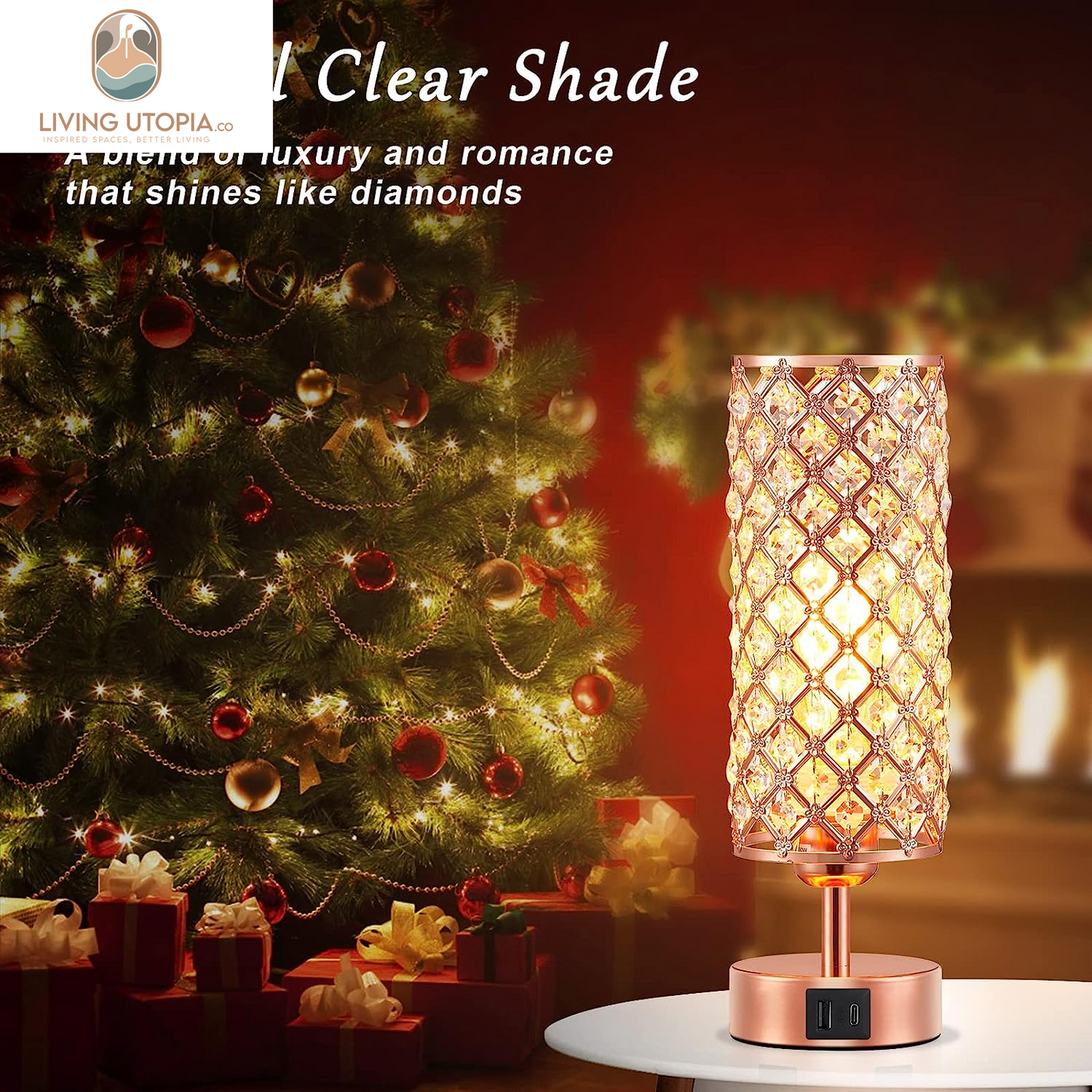 Crystal Table Lamp - 3-Way Dimmable Touch Control, Rose Gold Bedside Lamp with USB C and a Ports, Nightstand Light for Living Room, Bedroom, Home Office (Bulb Included)