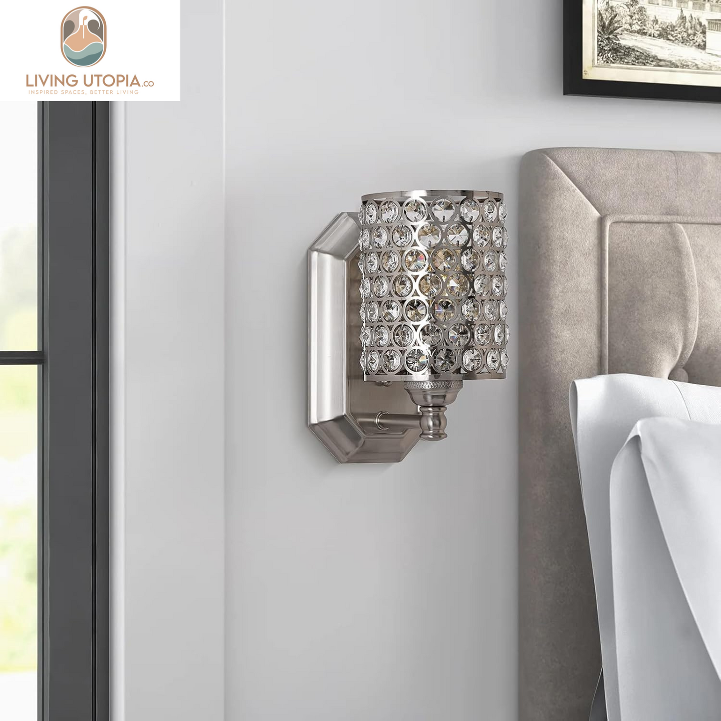 2 Pack 1 Light Crystal Wall Sconce Lighting with Brushed Nickel Finish,Modern Concise Style Wall Light Fixture Polyhedral Crystal Shade for Bathroom, Bedroom Living Room Bedside