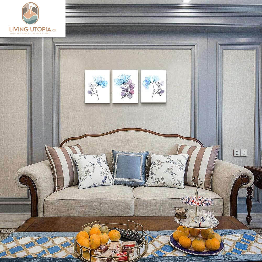 3 Piece Modern Blue Flowers Canvas Wall Art for Bedroom Living Room Decor,Bathroom Wall Decor,3 Panels Framed Wall Watercolor Painting Kitchen Home Decoration Canvas Print Artwork Wall Mural