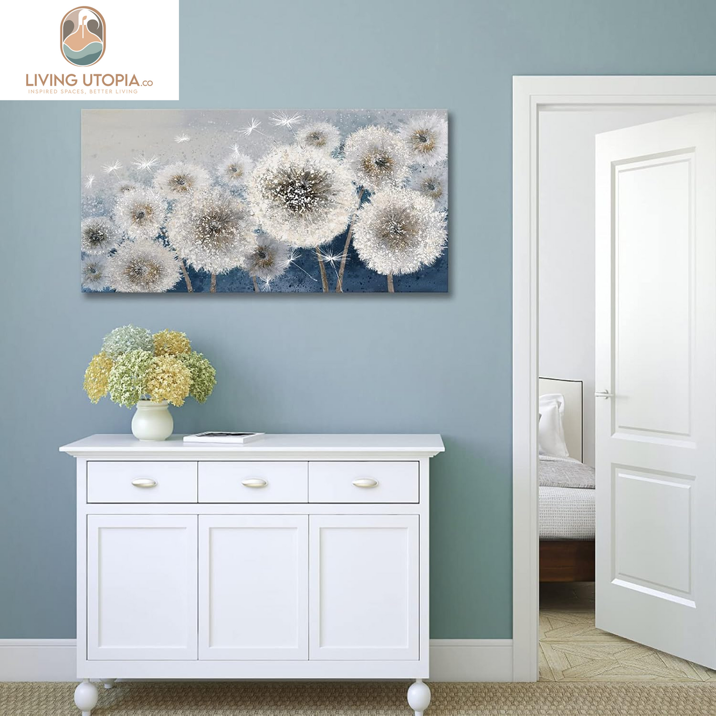 Wall Decor Living Room - Wall-Art for Living Room, Canvas Art/Pictures for Bedroom | Blue Dandelion 24X48 Inches Large Wall Art