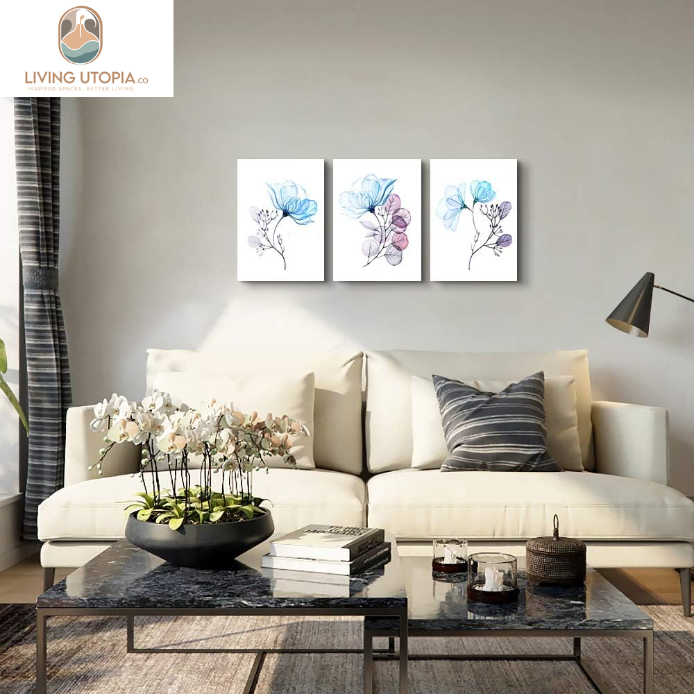 3 Piece Modern Blue Flowers Canvas Wall Art for Bedroom Living Room Decor,Bathroom Wall Decor,3 Panels Framed Wall Watercolor Painting Kitchen Home Decoration Canvas Print Artwork Wall Mural
