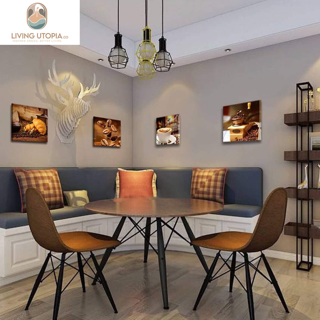 Kitchen Canvas Art Coffee Bean Coffee Cup Canvas Prints Coffee Wall Decor-4 Panels Framed Ready to Hang Coffee Image-Table Dining Room Canvas Wall Art Contemporary Pictures for Dining Home Decoration