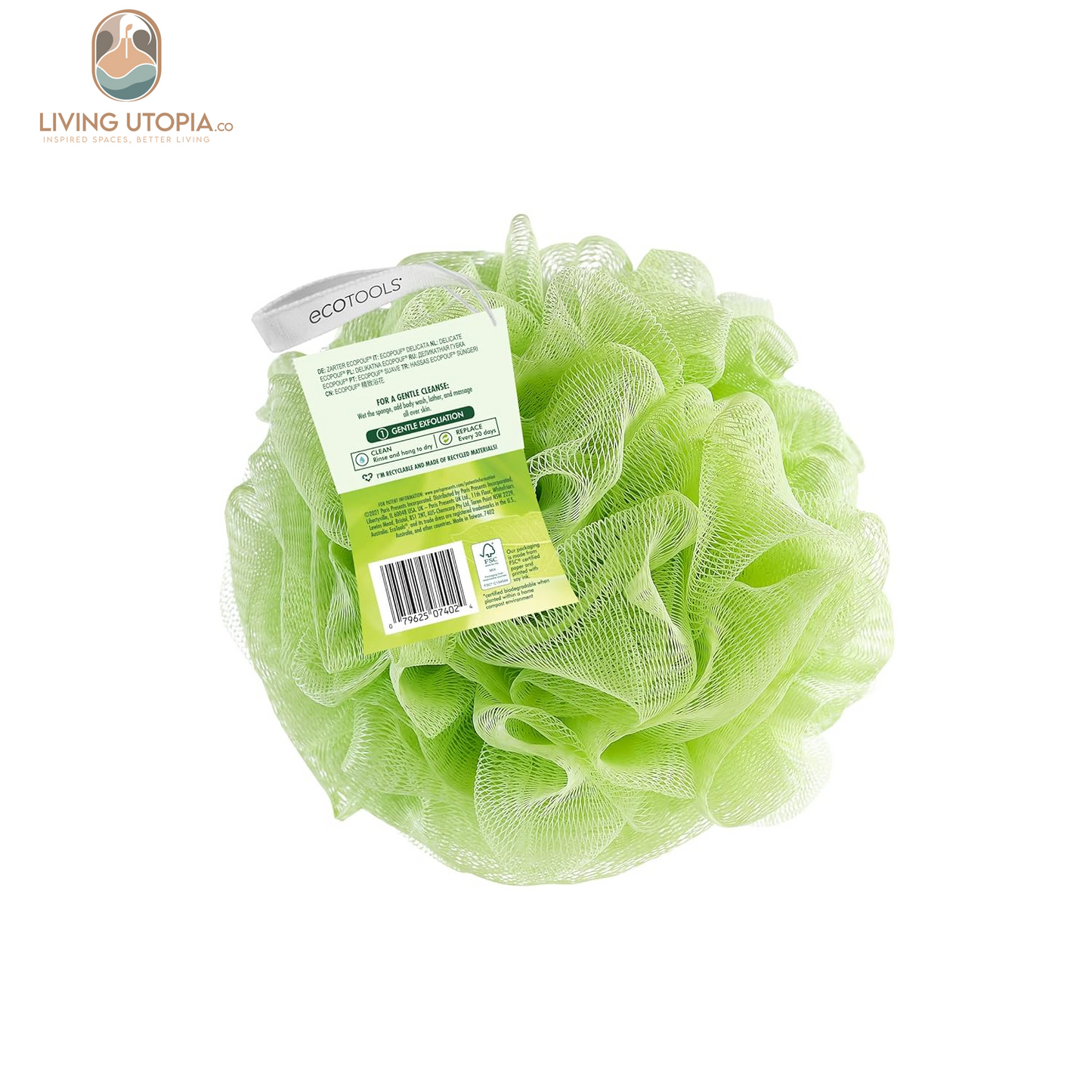 Delicate Ecopouf Bath Sponge, Made with Recycled Materials, Exfoliating Bath Pouf, Loofah for Shower & Bath, in Assorted Colors, Green, White, Pink, and Gray, Perfect for Men & Women, 6 Count