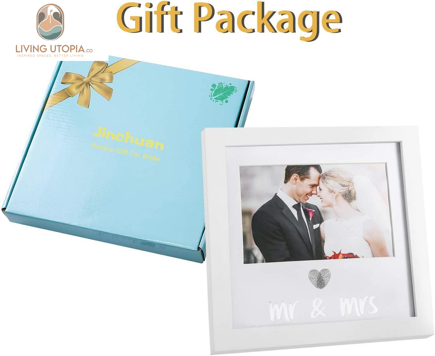 Heart Thumbprint Keepsake Frame and Ink Kit,Wedding Picture Frame Wedding Registry Idea Shower Gift for Bride Newlywed (White Frame, Silver Text)