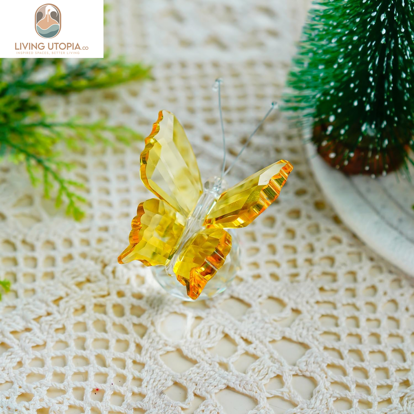 Crystal Flying Butterfly with Crystal Ball Base Figurine Collection Cut Glass Ornament Statue Animal Collectible (Yellow)