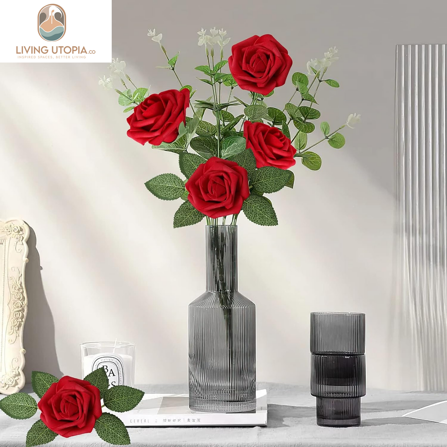 Artificial Flowers Dark Red Rose 50Pcs Real Looking Fake Roses W/Stem for DIY Wedding Bouquets Centerpieces Arrangements Party Baby Shower Home Decorations