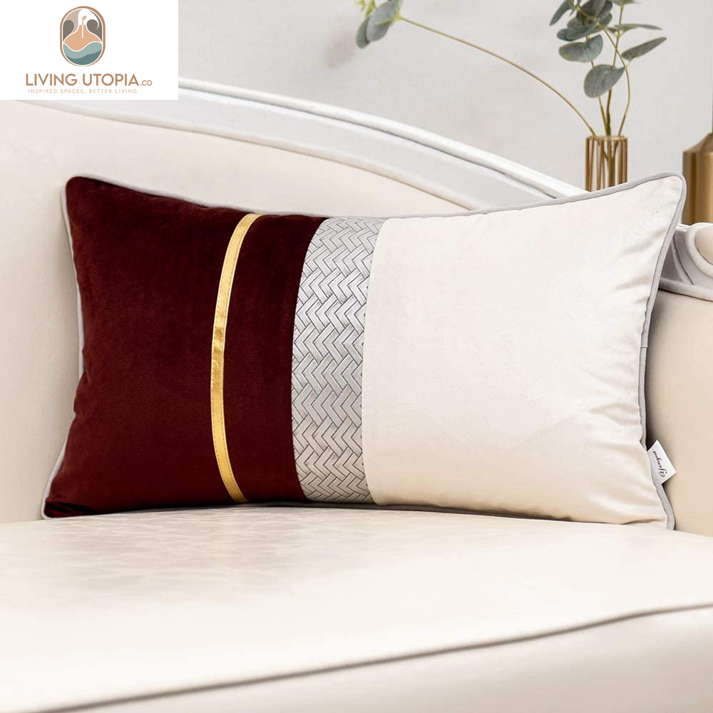 Wine Red Patchwork Velvet Lumbar Pillow Cover with Gold Striped Leather Cushion Case Modern Luxury Pillowcase for Sofa Couch Bedroom Living Room Home Decor,12"X20"